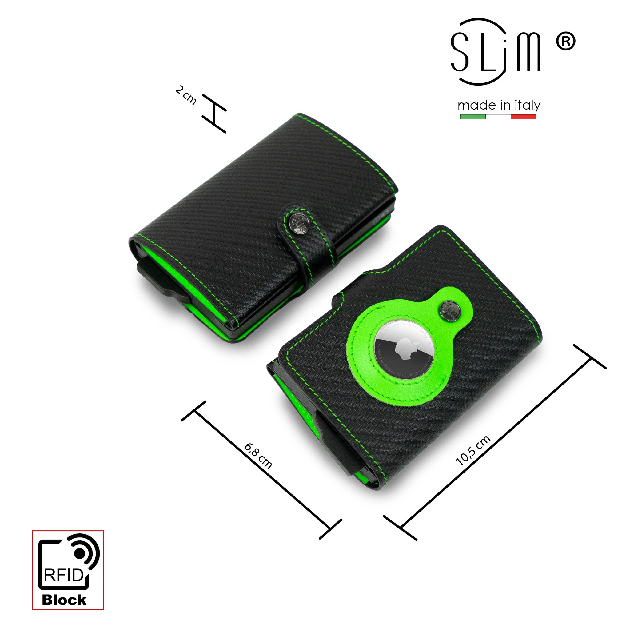 SLim®️ Genuine Leather Carbon Black/Fluorescent Green Compatible With AirTag*