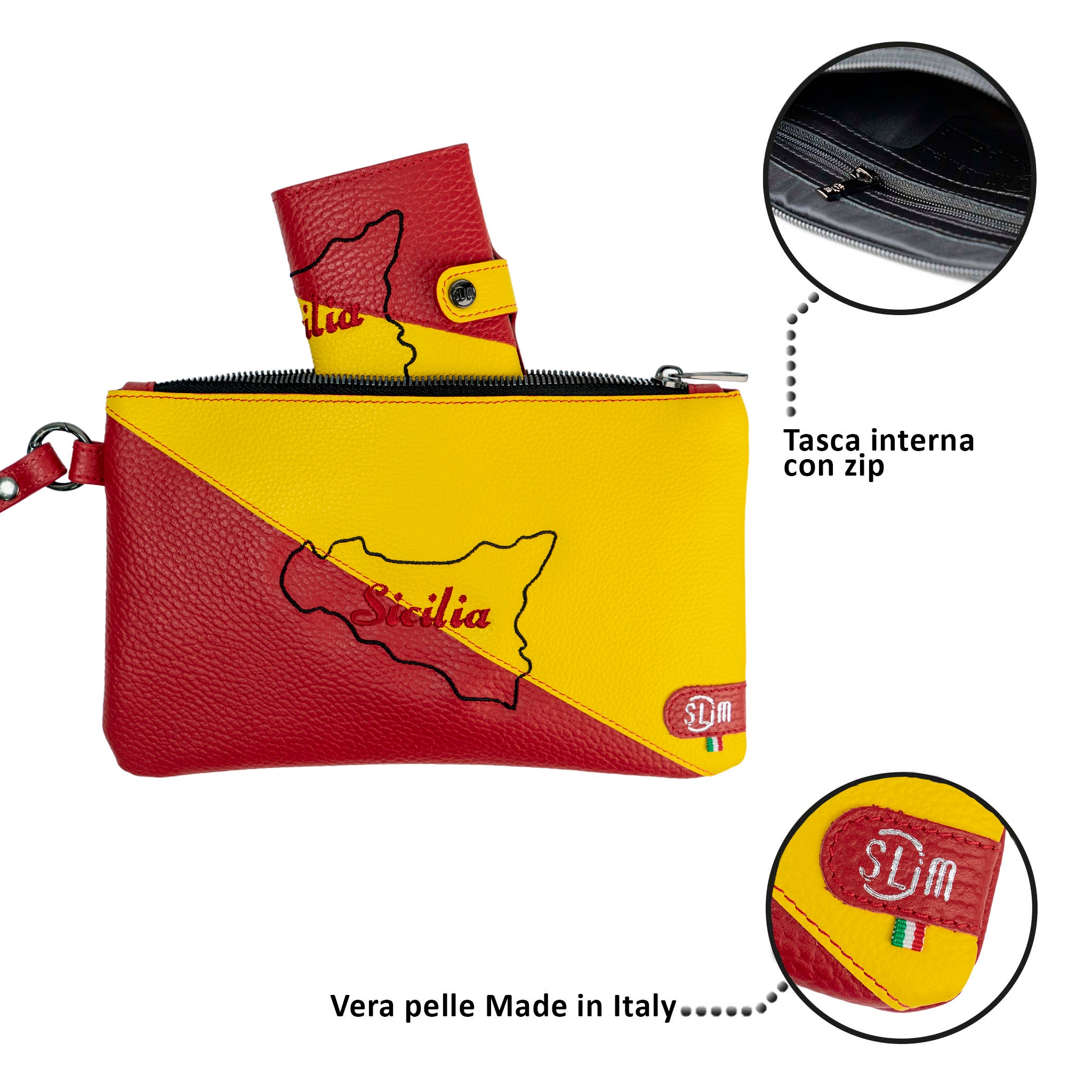 Pochette con Polsiera Vera Pelle Bottalato Tema Sicilia Isola