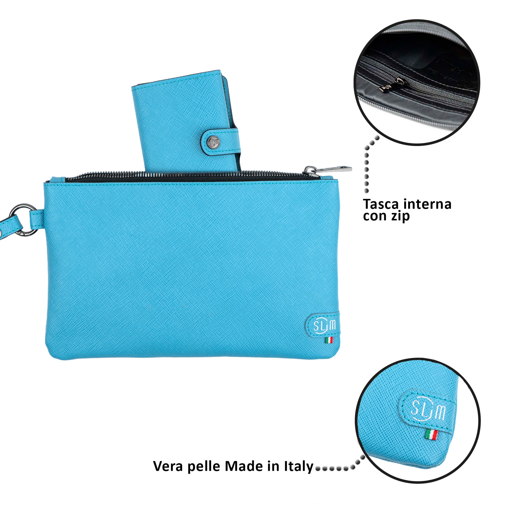 Pochette con Polsiera Vera Pelle Saffiano Azzurro