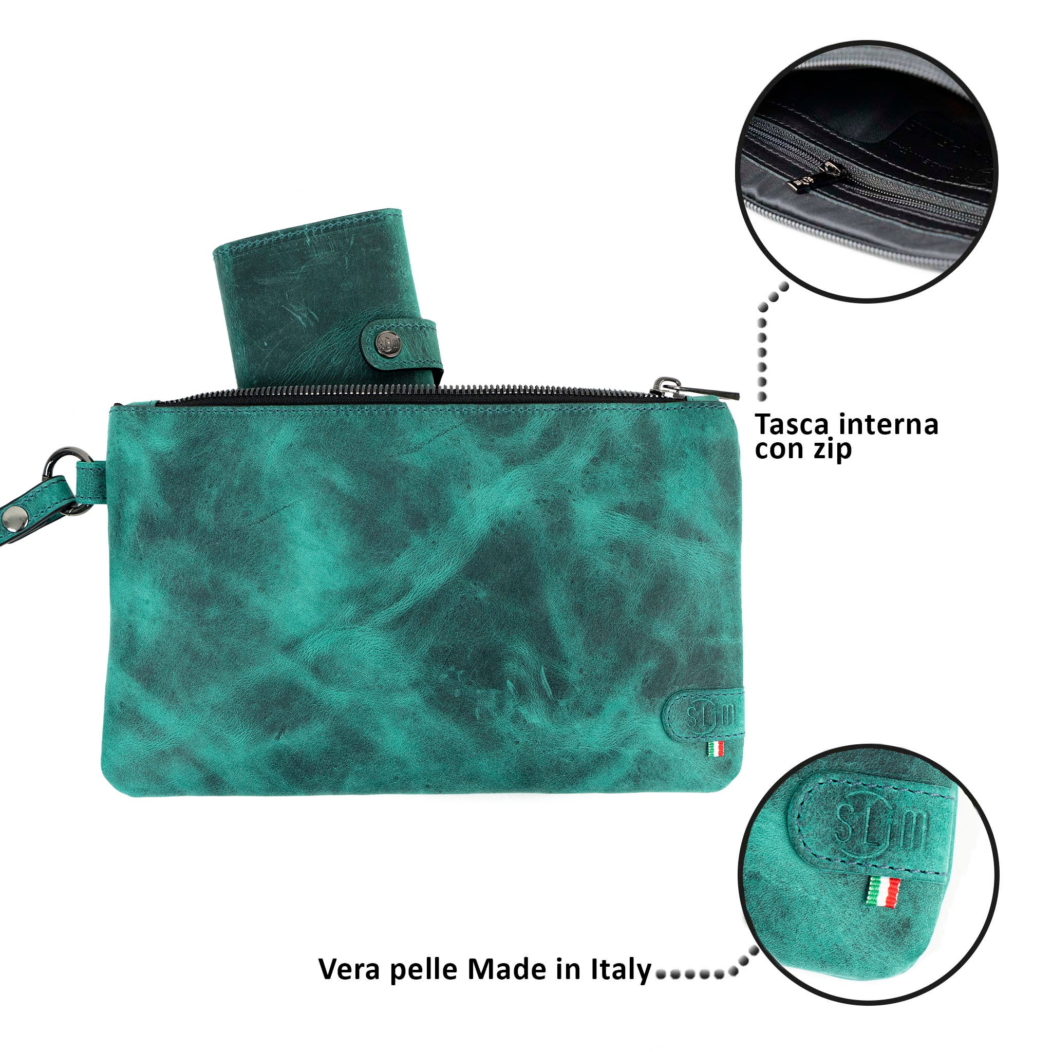 Pochette con Polsiera Vera Pelle Crazy Horse Acquamarina