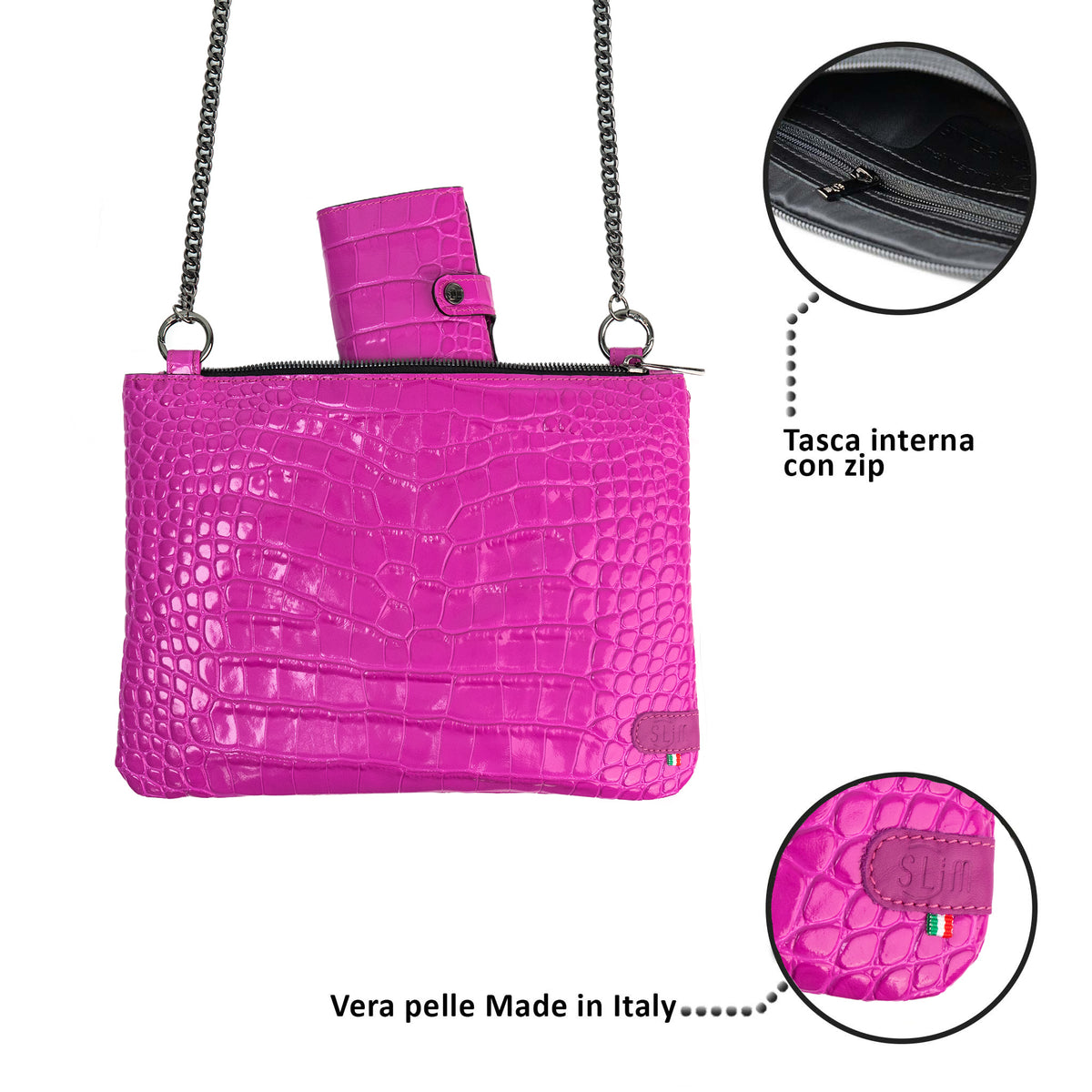 Pochette con Tracolla Vera Pelle Cocco Fucsia