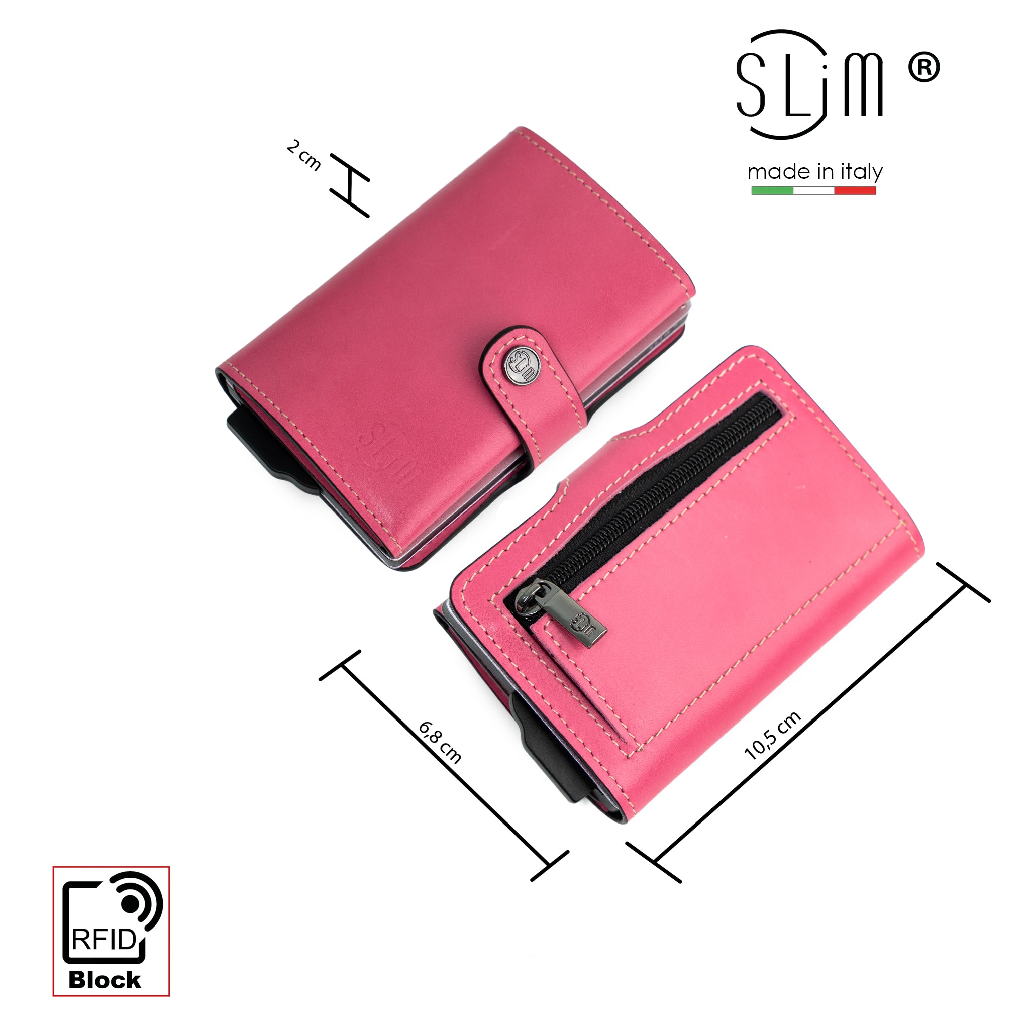 Porta Carte Vera Pelle Concia Vegetale Fucsia Zip