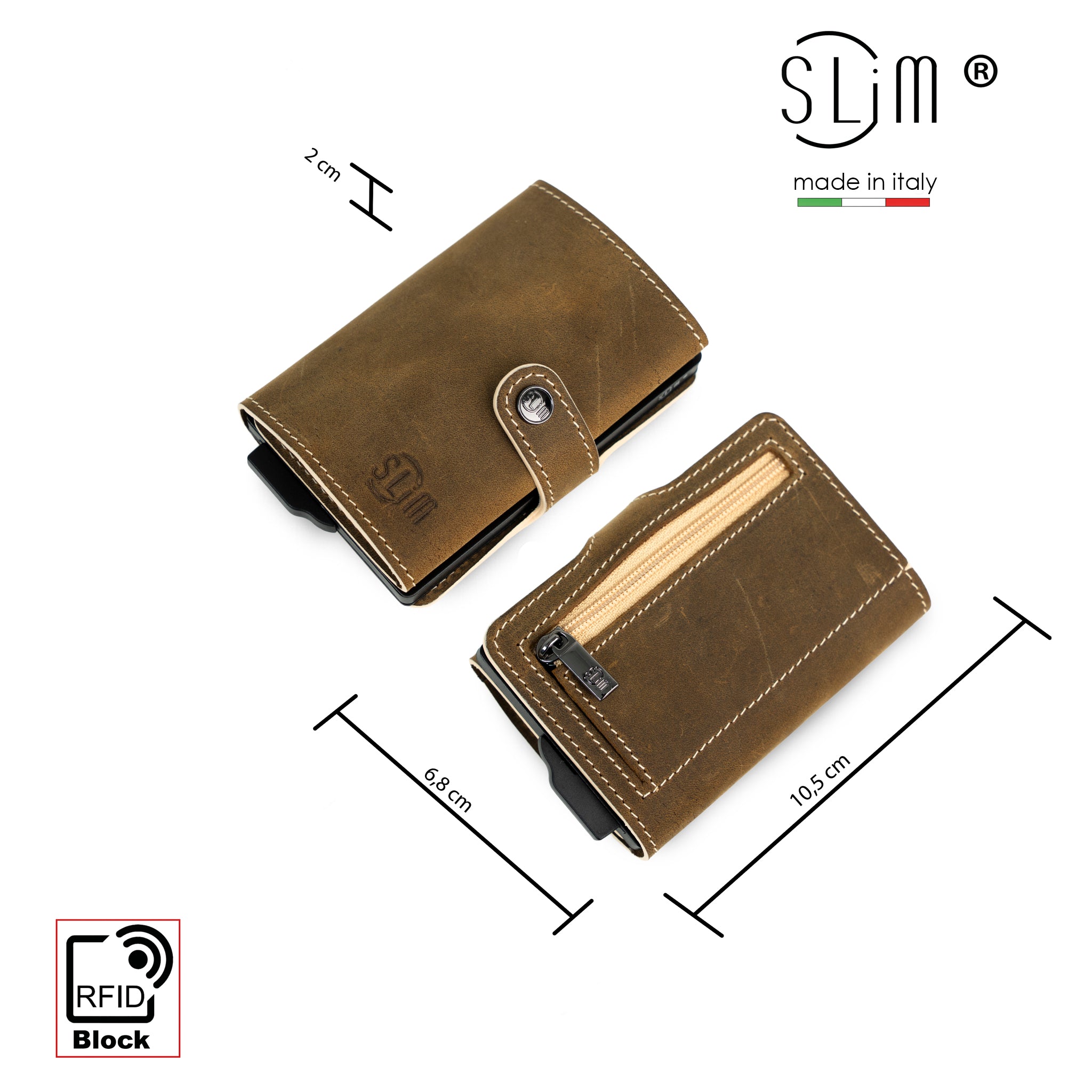 Porta Carte Vera Pelle Crazy Horse Cuoio con zip