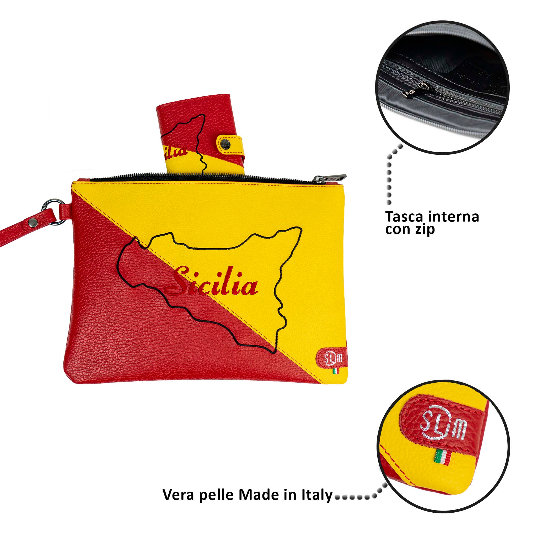 Clutch bag with wristband in genuine tumbled leather with a Sicilian theme