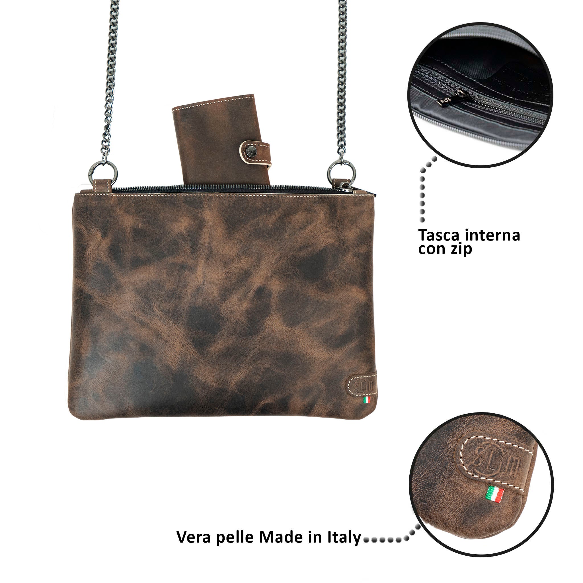 Clutch Bag with Wristband in Genuine Black Saffiano Leather