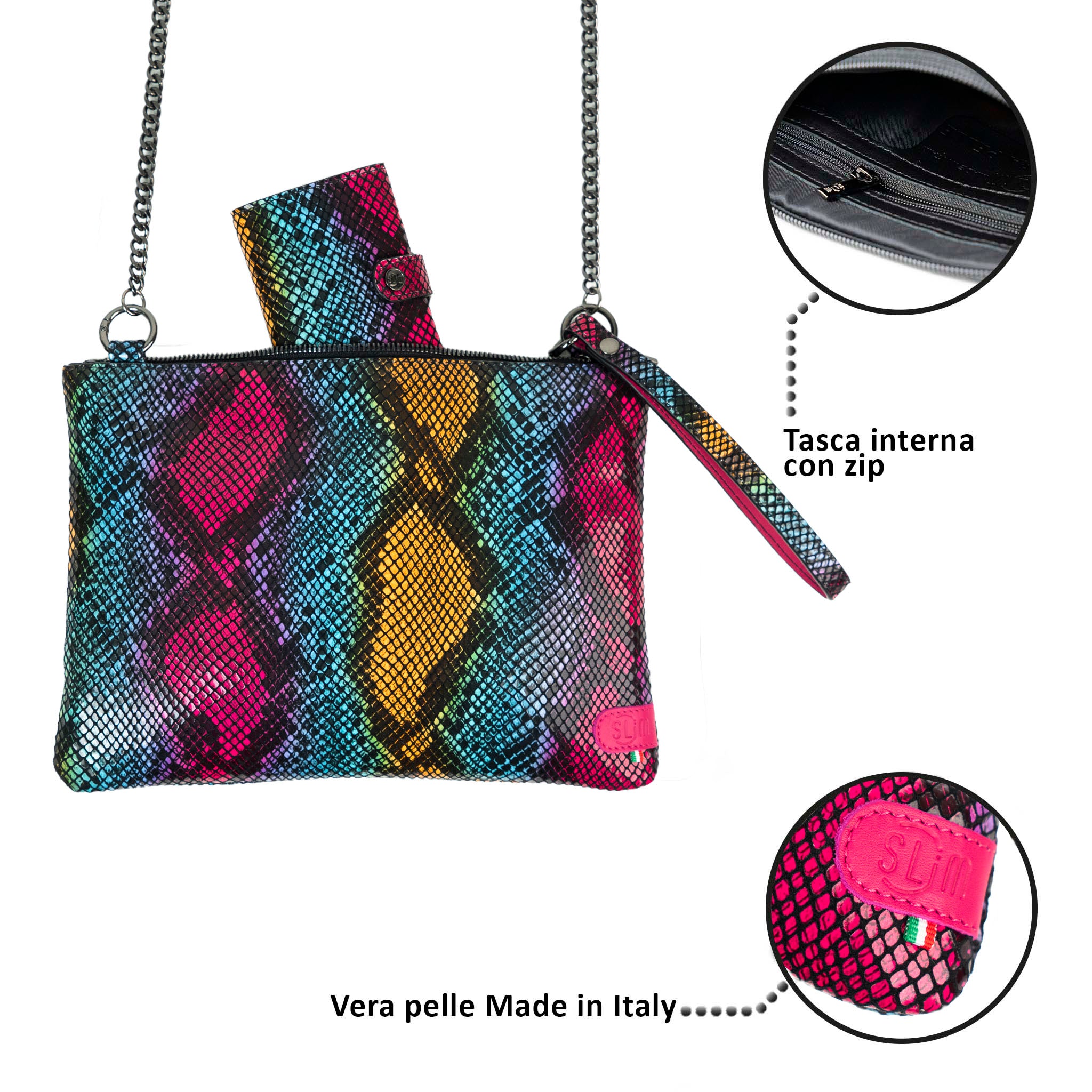 Clutch Bag with Wristband in Genuine Black Saffiano Leather