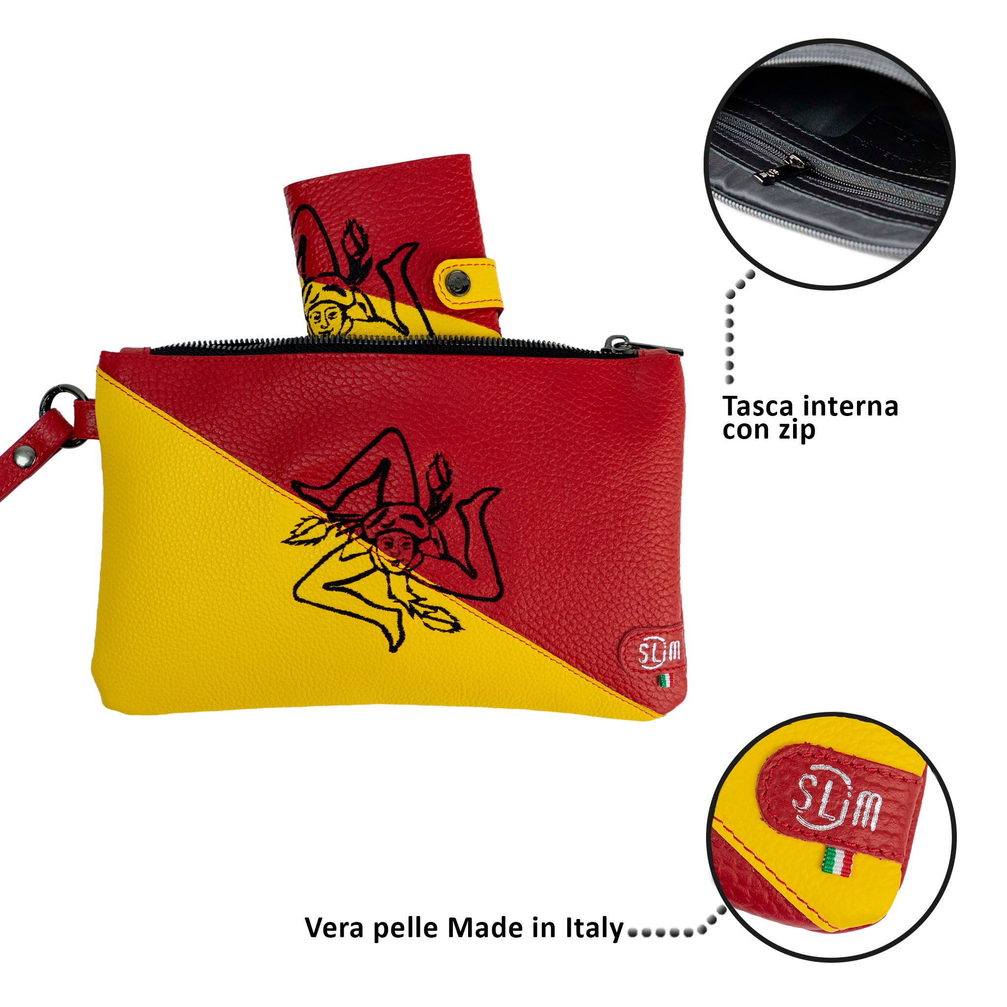 Pochette con Polsiera Vera Pelle Bottalato Tema Sicilia Trinacria