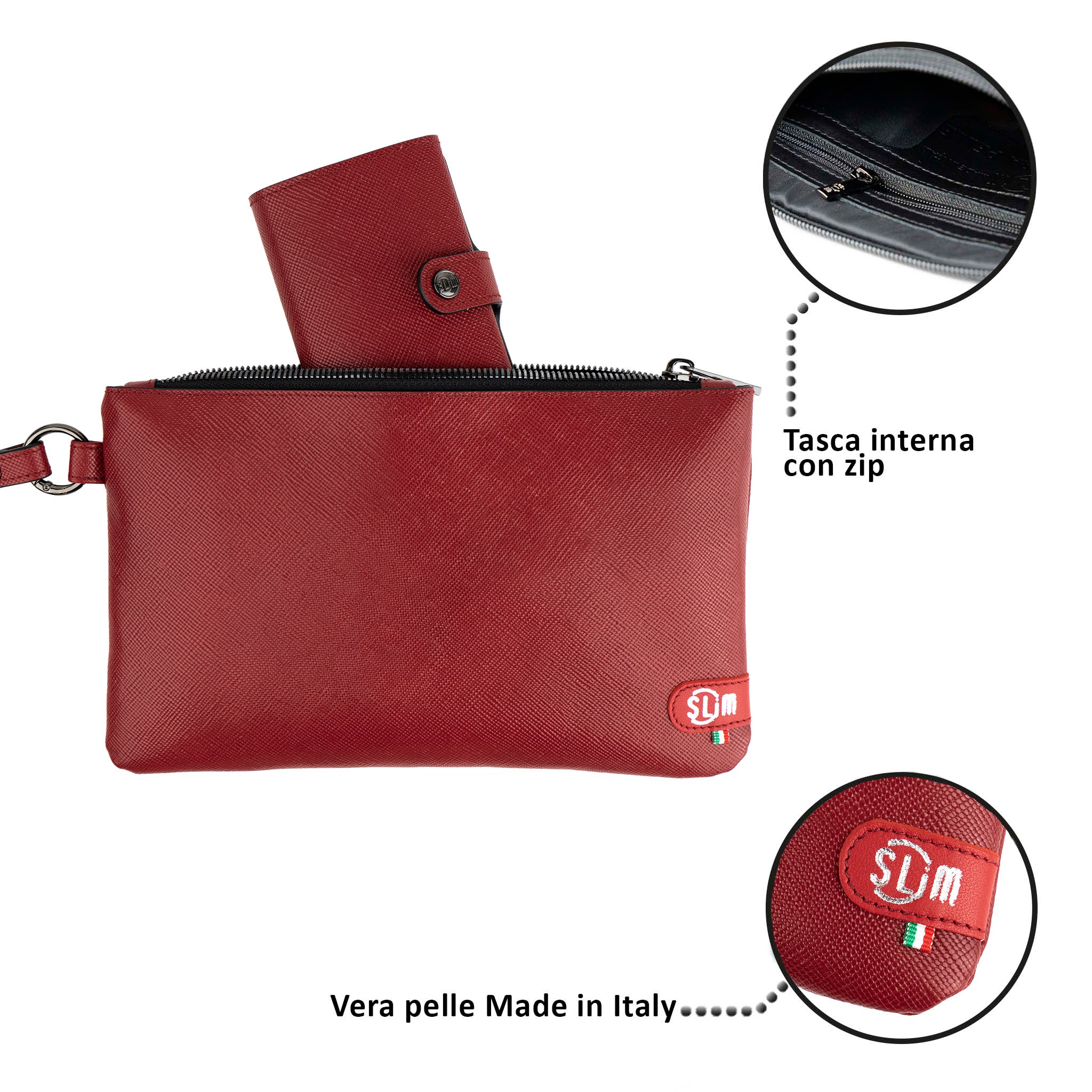 Pochette con Polsiera Vera Pelle Saffiano Rosso Rubino