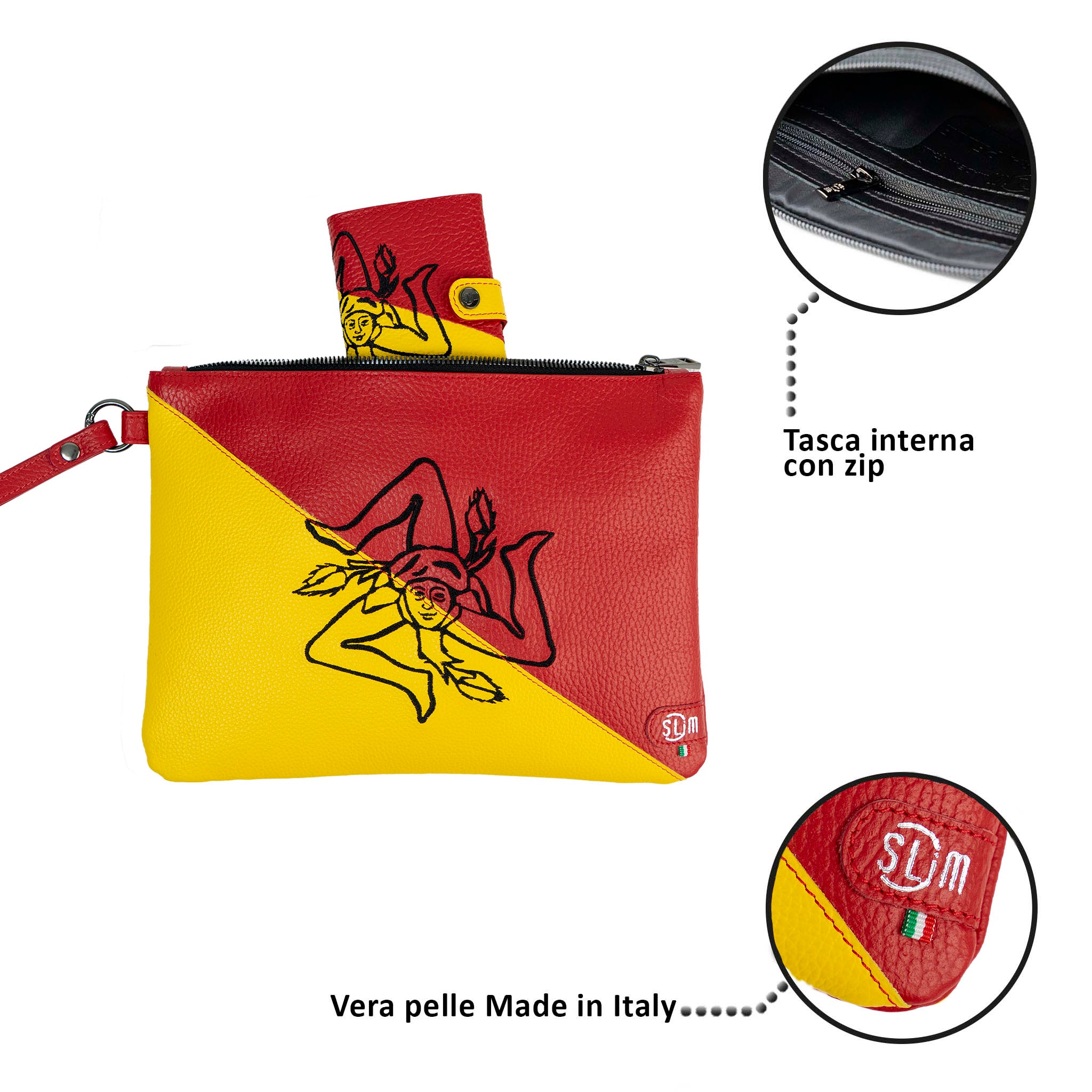Pochette Grande con Polsiera Vera Pelle Bottalato Tema Sicilia Trinacria