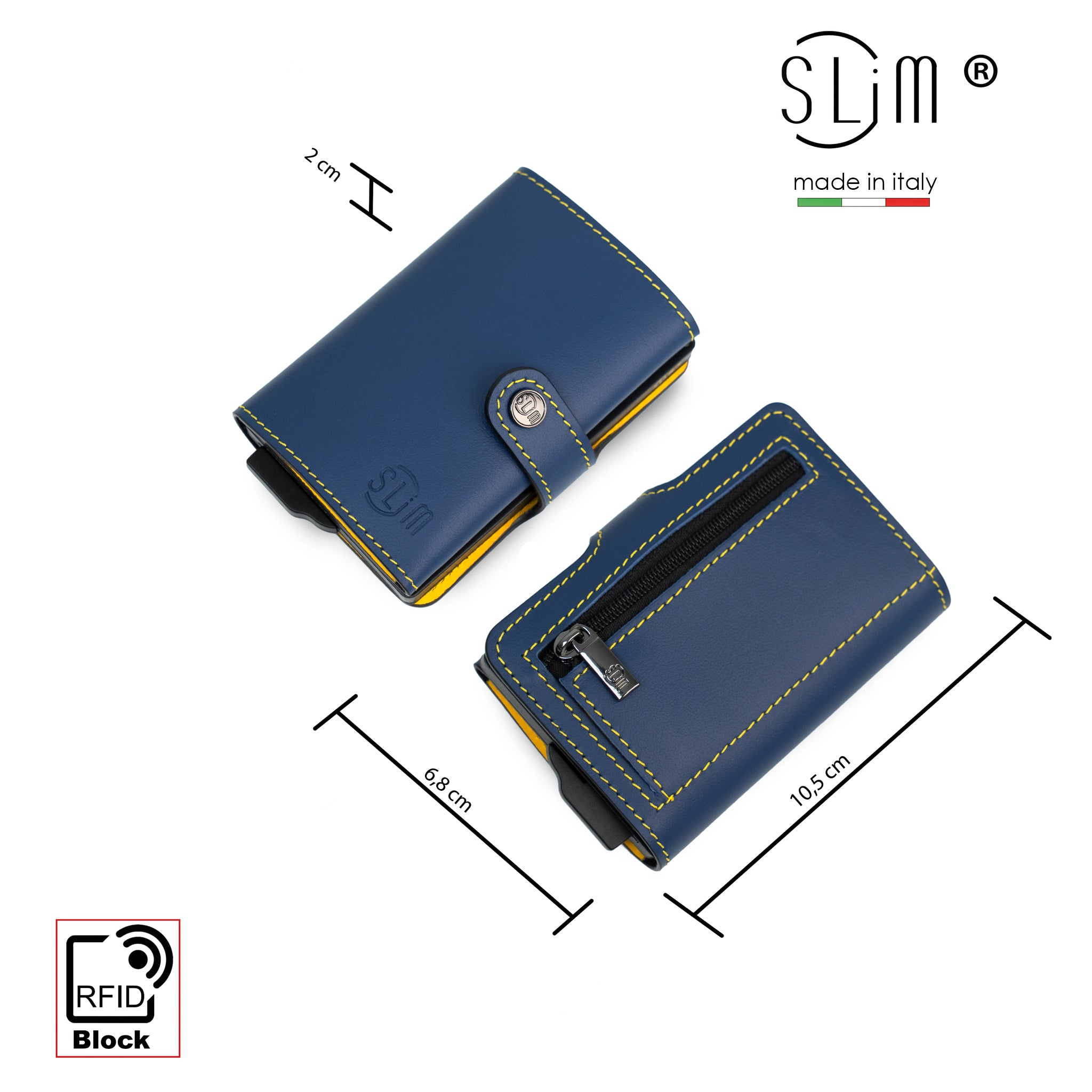 Porta Carte Vera Pelle Blu Giallo con zip porta monete