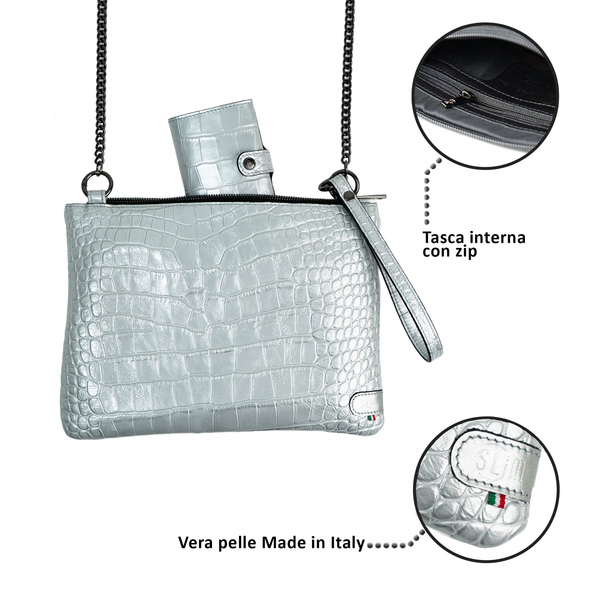Clutch Bag with Wristband in Genuine Black Saffiano Leather