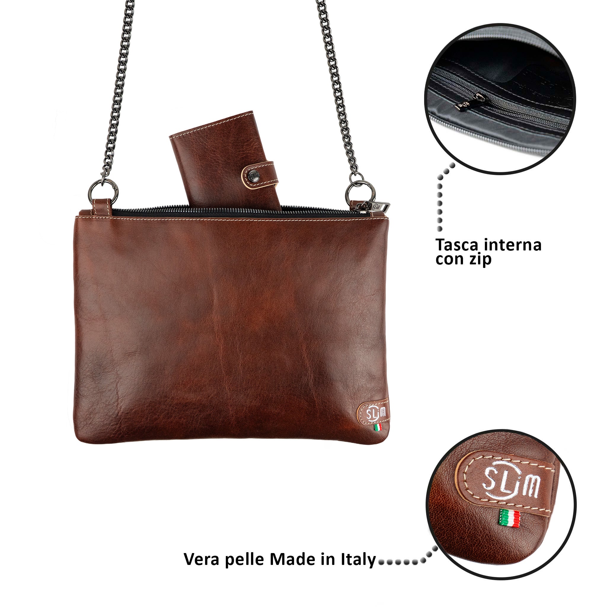 Pochette con Tracolla Vera Pelle Vegetale Marrone