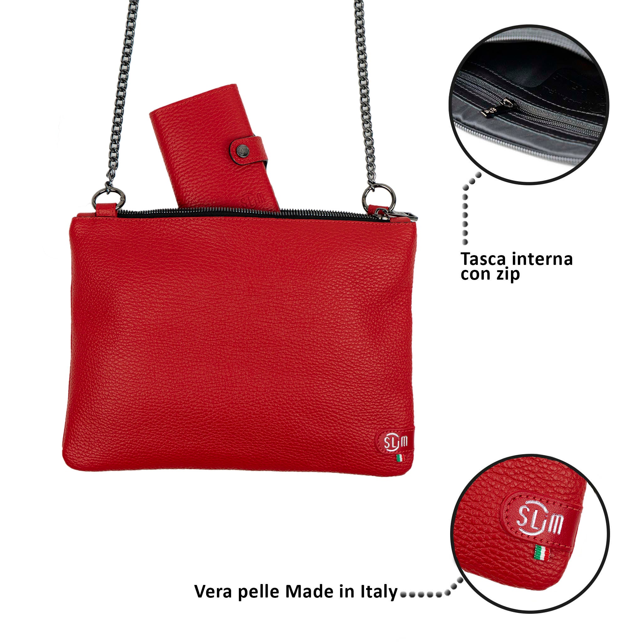 Clutch Bag with Shoulder Strap in Genuine Red Drummed Leather