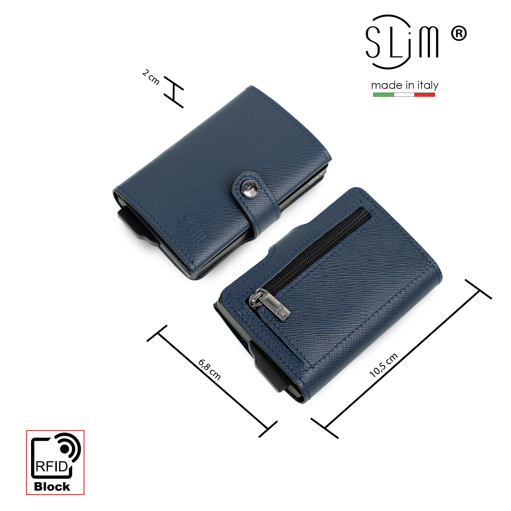 Portacarte Vera Pelle Saffiano Anti Graffio Blu con zip