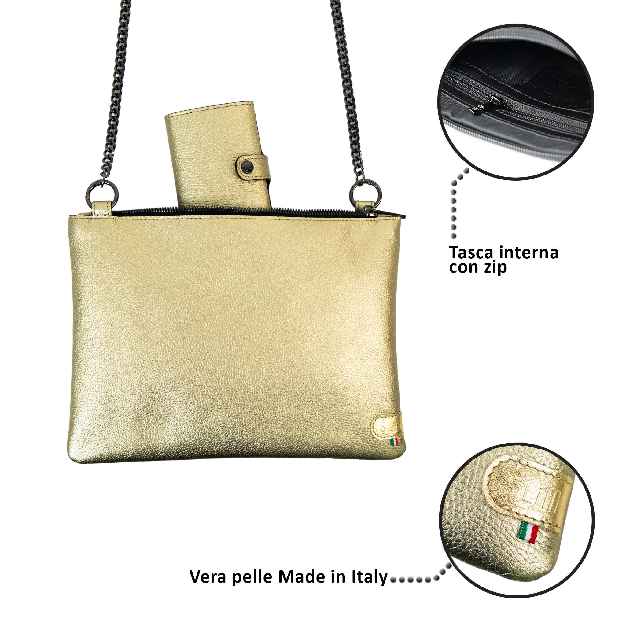 Cognac Genuine Vegetable Tanned Leather Clutch Bag with Shoulder Strap