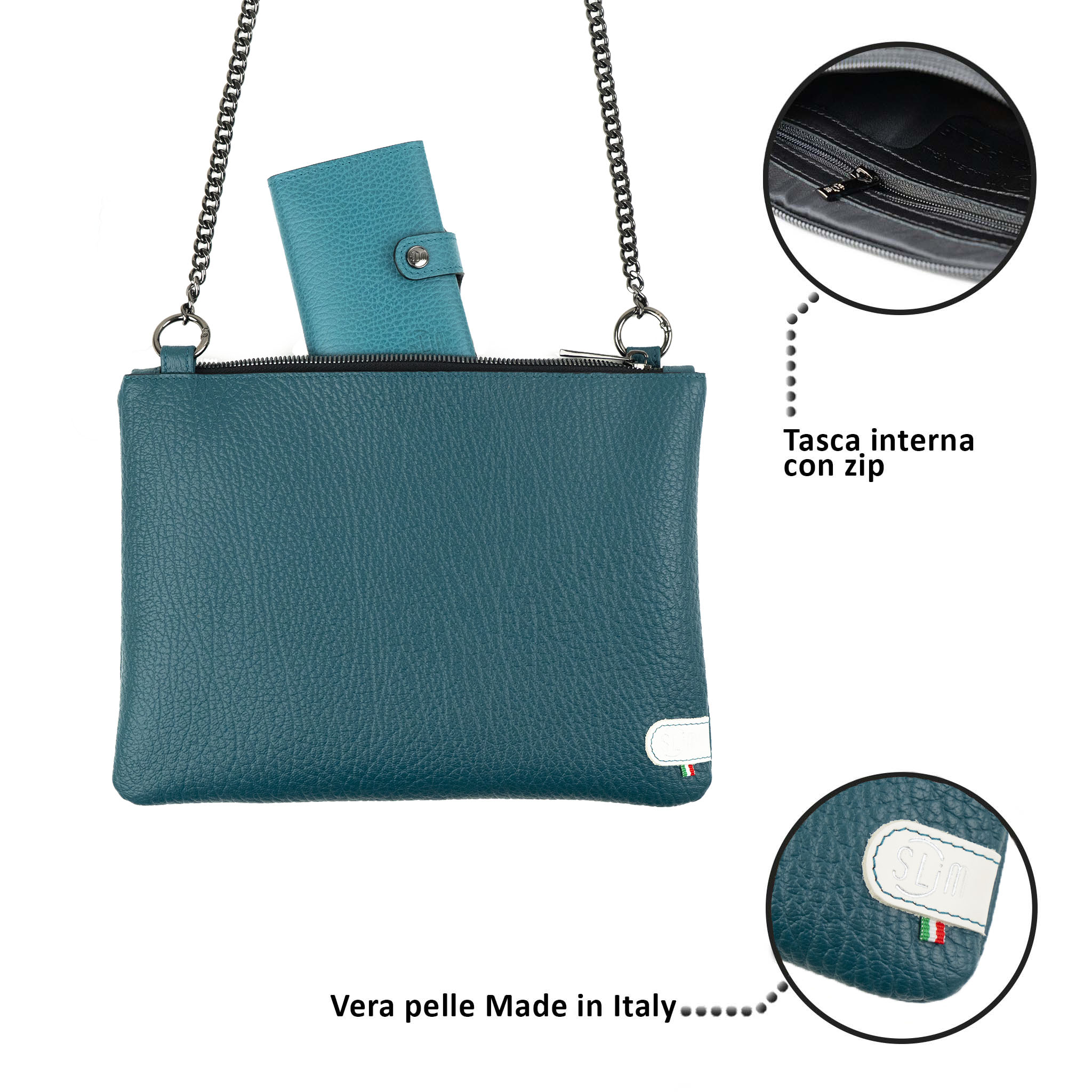 Clutch Bag with Shoulder Strap in Genuine Petrol Drummed Leather
