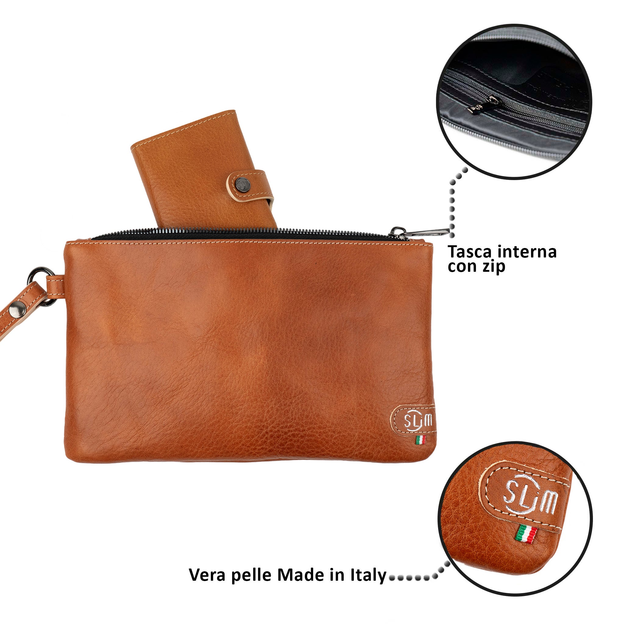 Cognac Genuine Vegetable Tanned Leather Wristlet Clutch