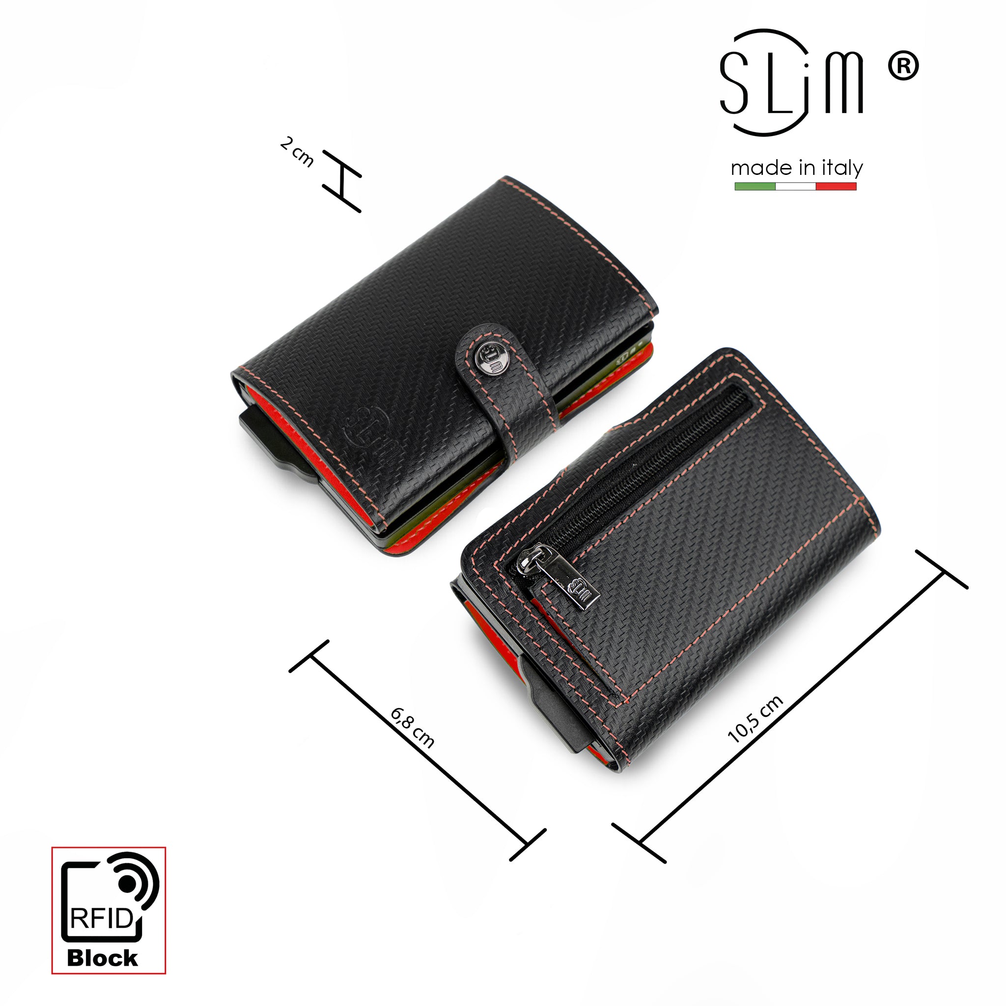 Porta Carte Vera Pelle Carbon Style Nero/Rosso con zip