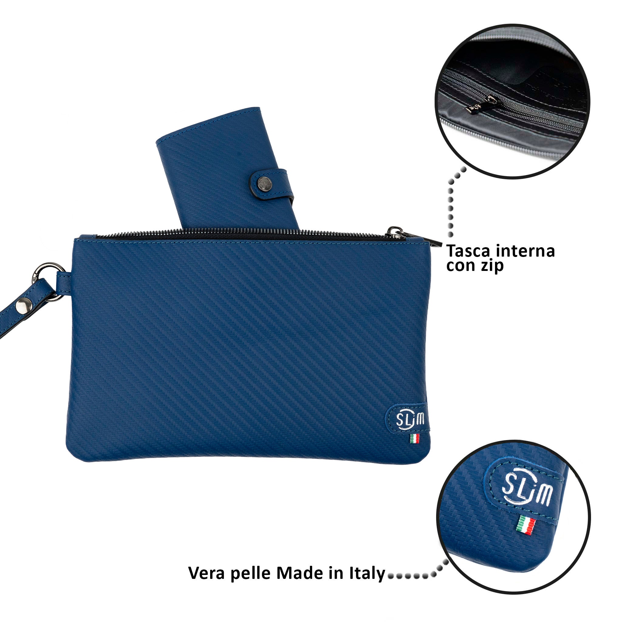 Clutch bag with wristband in genuine carbon blue leather