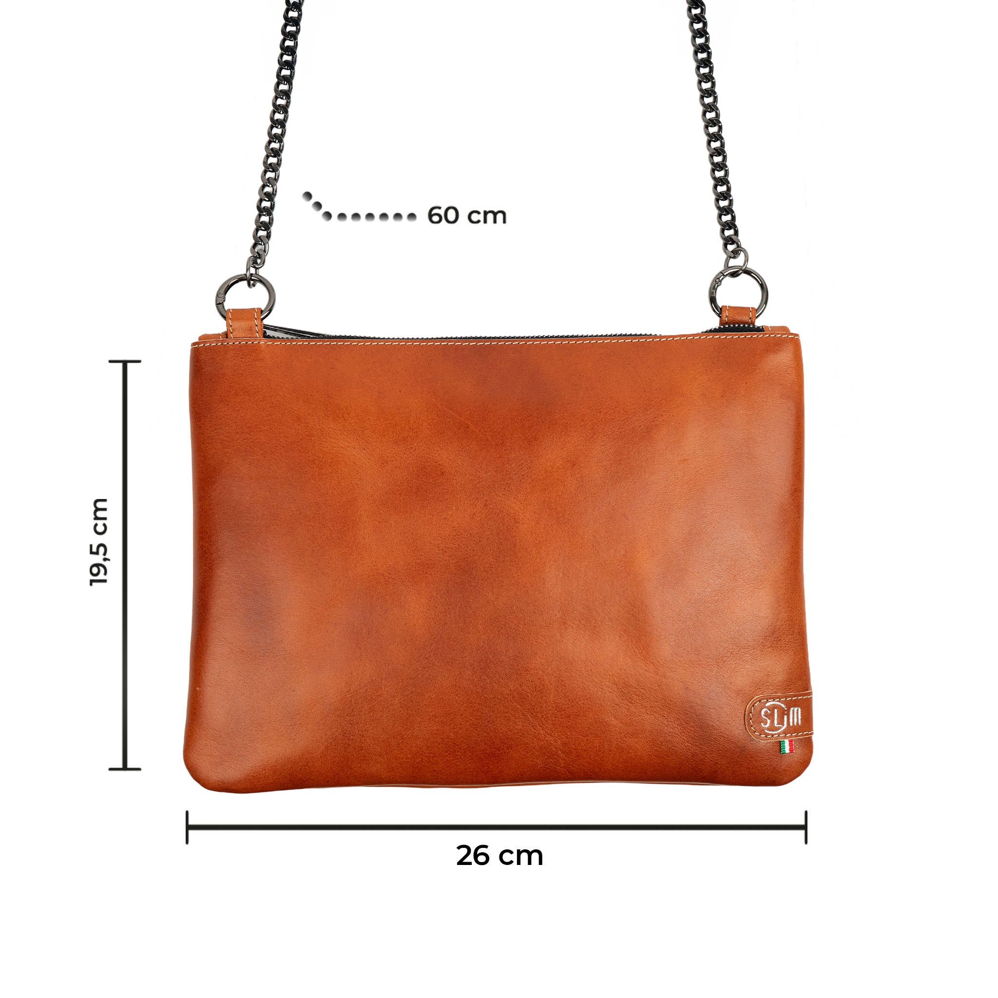 Cognac Genuine Vegetable Tanned Leather Clutch Bag with Shoulder Strap