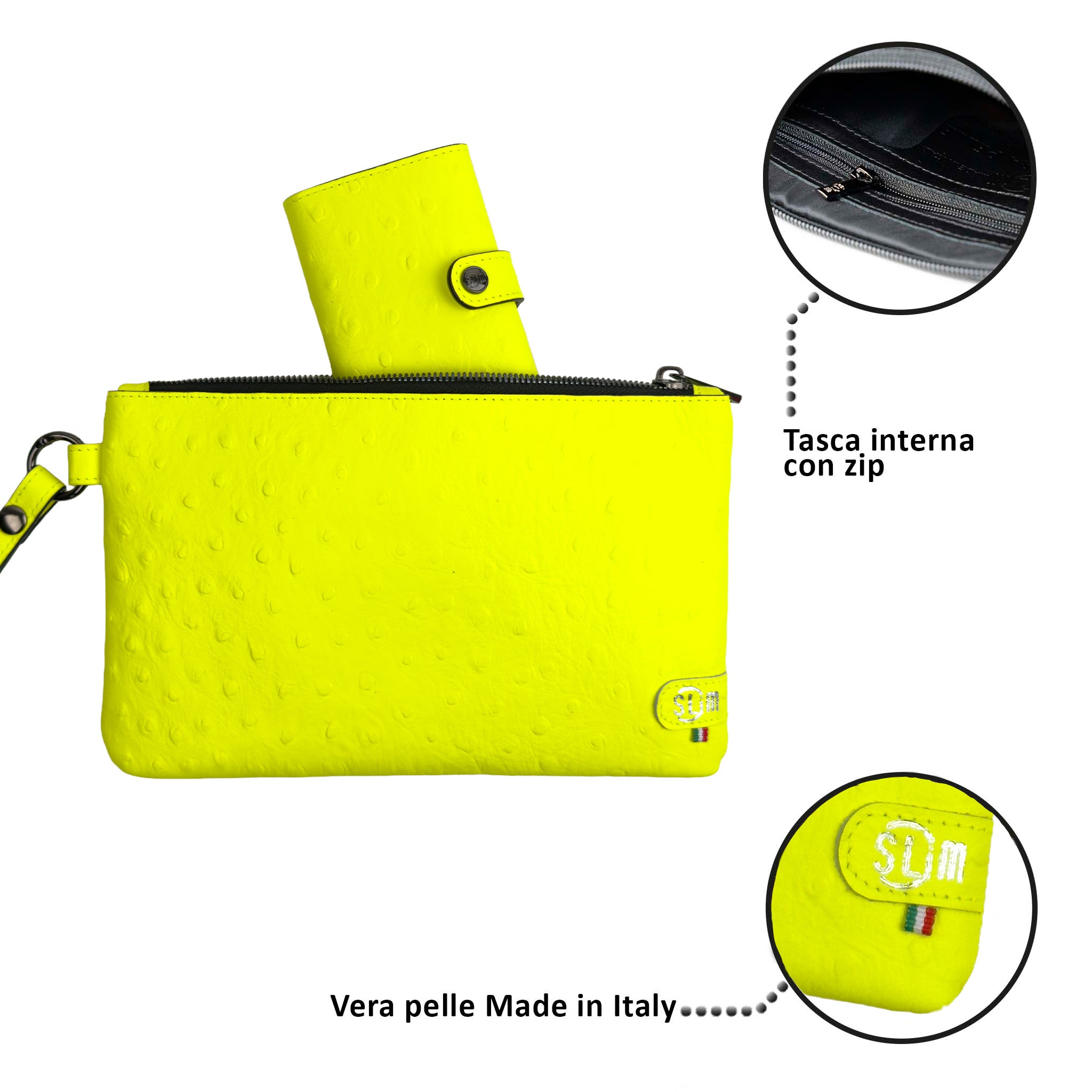 Pochette con Polsiera Vera Pelle Struzzo Giallo Fluo