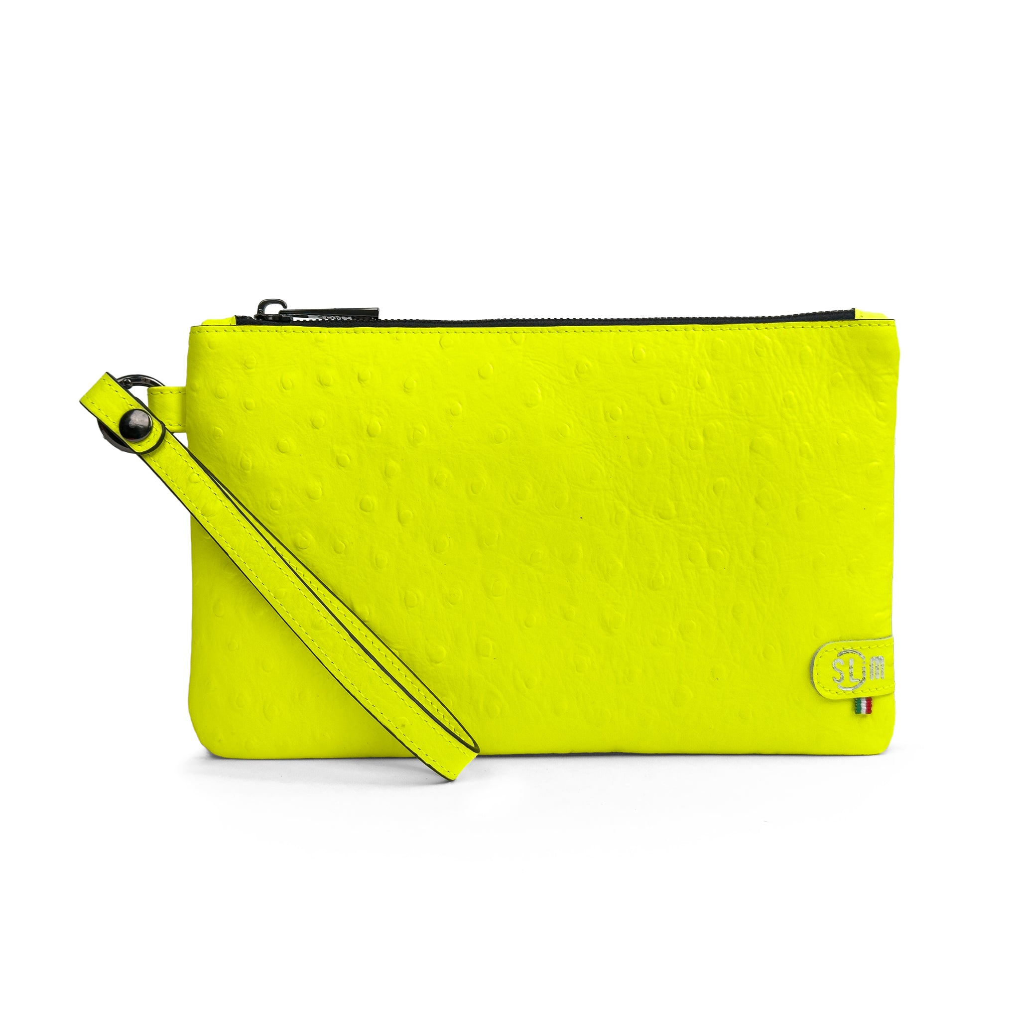 Pochette con Polsiera Vera Pelle Struzzo Giallo Fluo