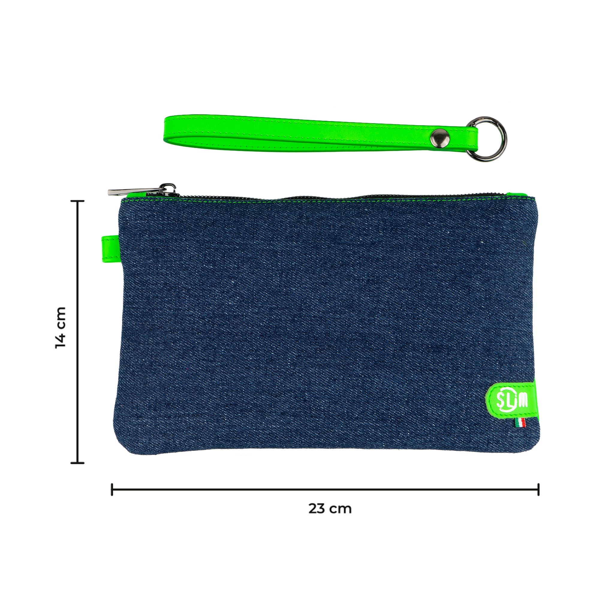 Clutch with Wristband in Genuine Jeans Leather/Fluorescent Green Genuine Leather