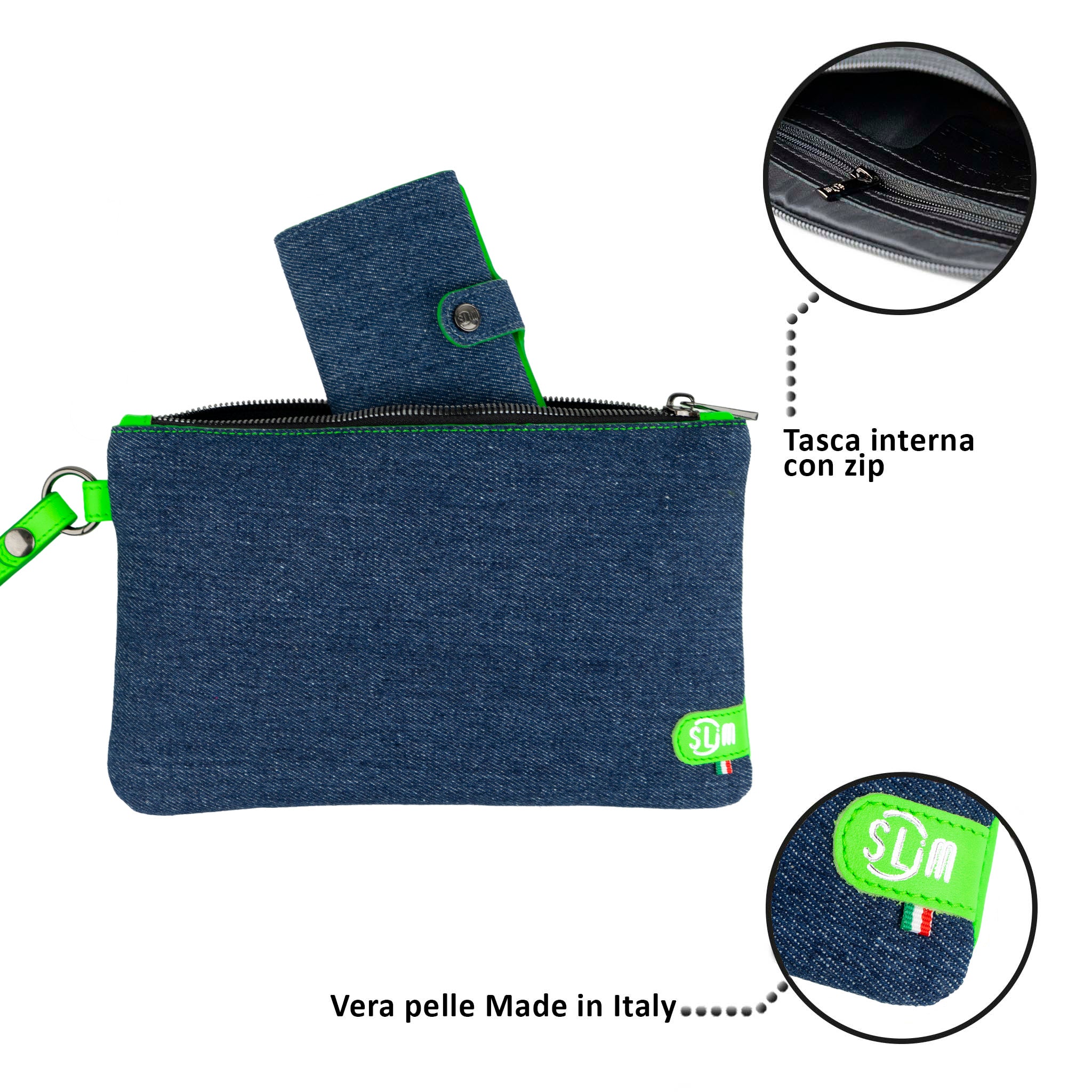 Clutch with Wristband in Genuine Jeans Leather/Fluorescent Green Genuine Leather