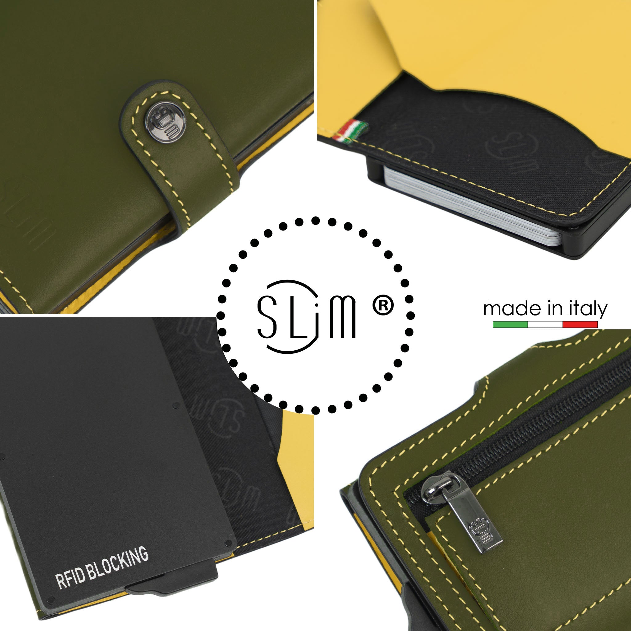 Porta carte Vera Pelle Verde Pistacchio-Giallo con zip porta-monete