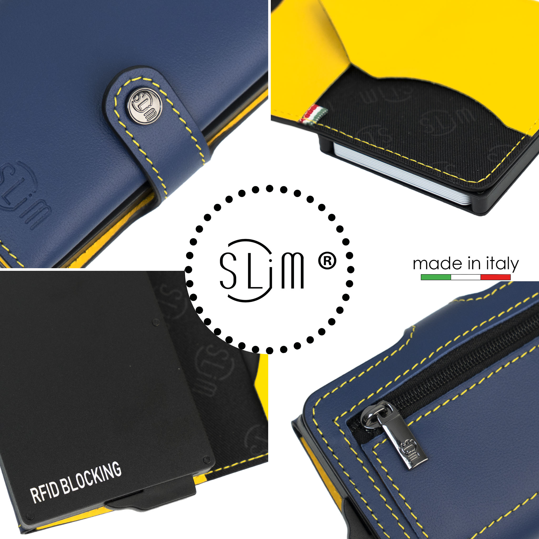 Porta Carte Vera Pelle Blu Giallo con zip porta monete