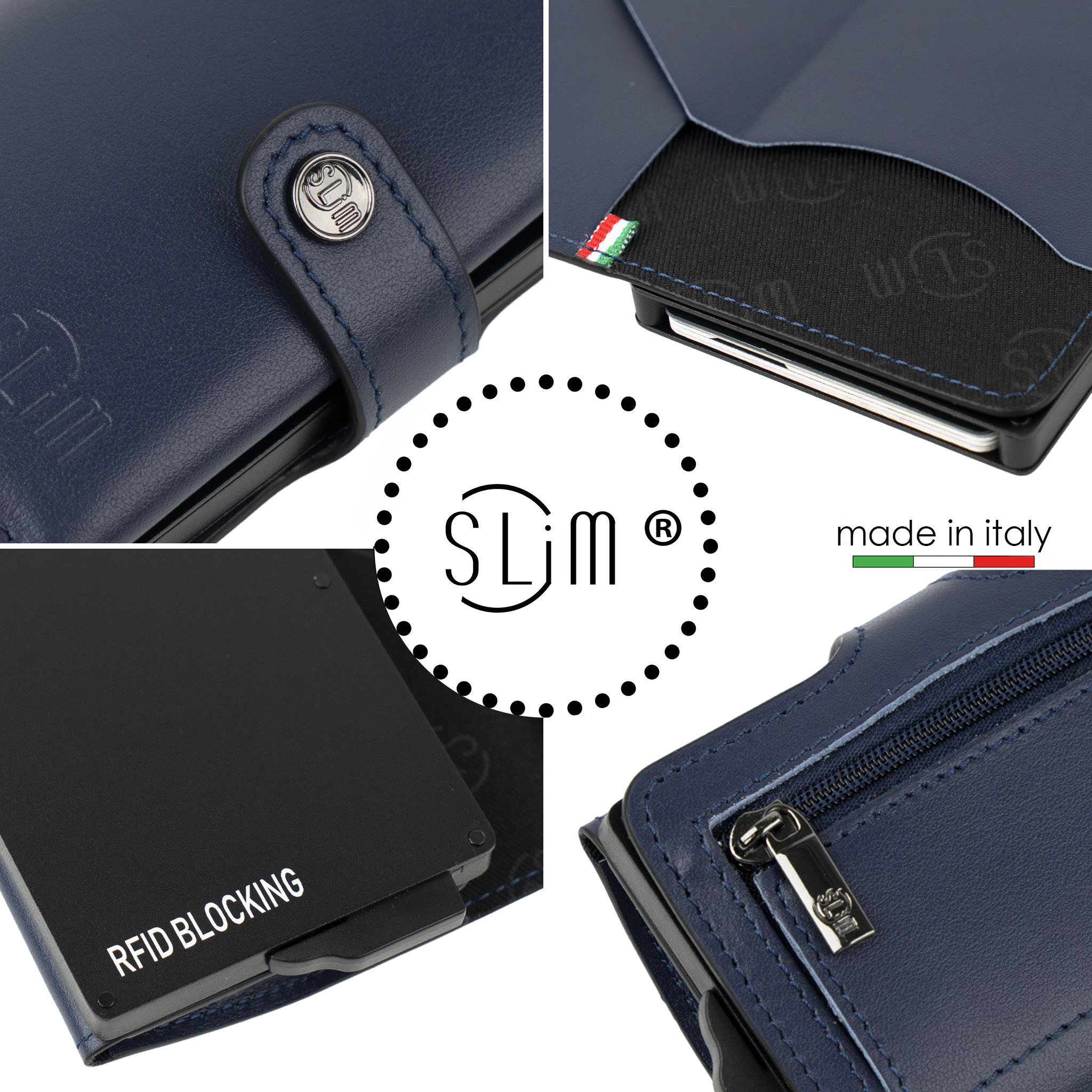 Porta Carte Vera Pelle Blu con Zip