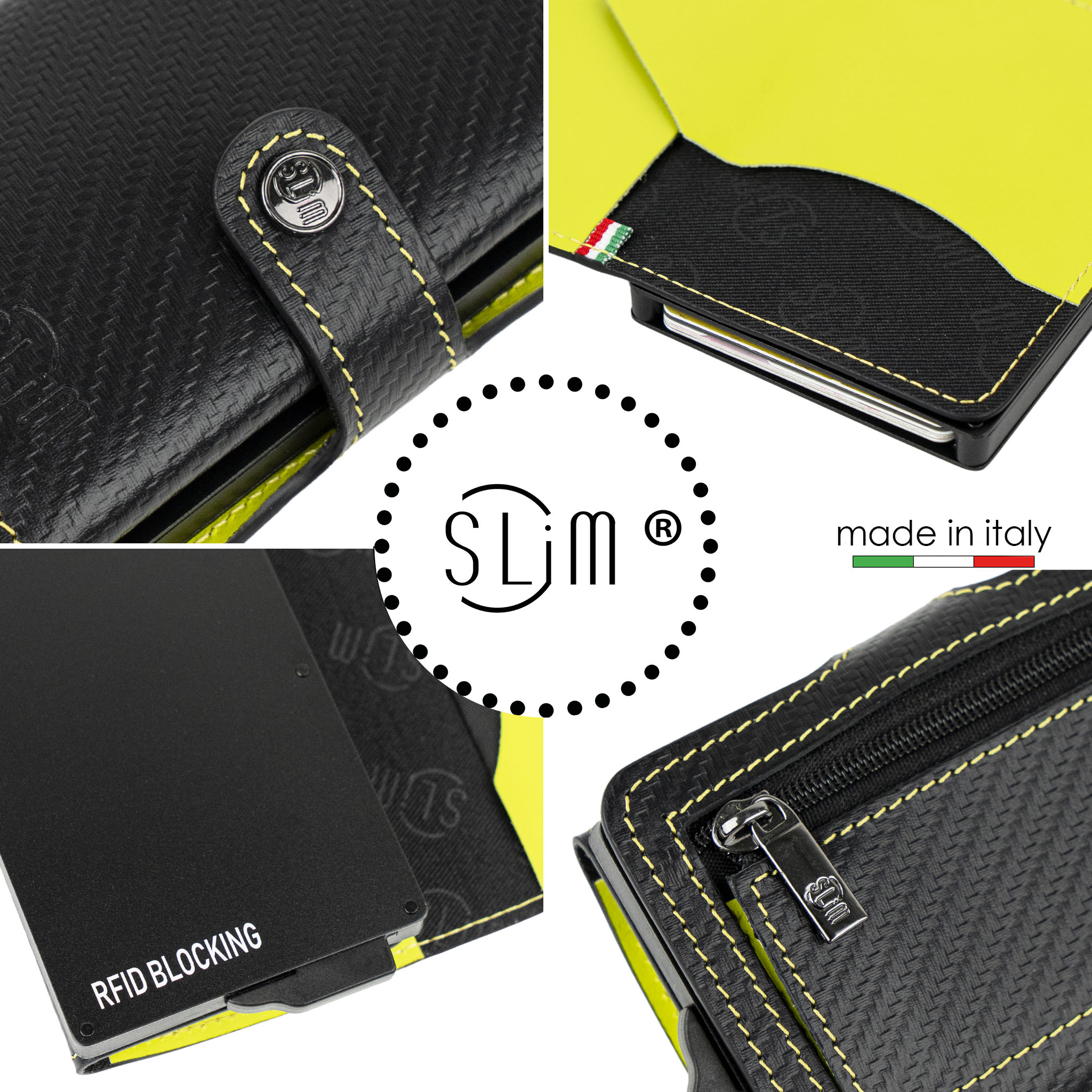 Porta Carte Vera Pelle Carbon Style Nero/Lime con zip