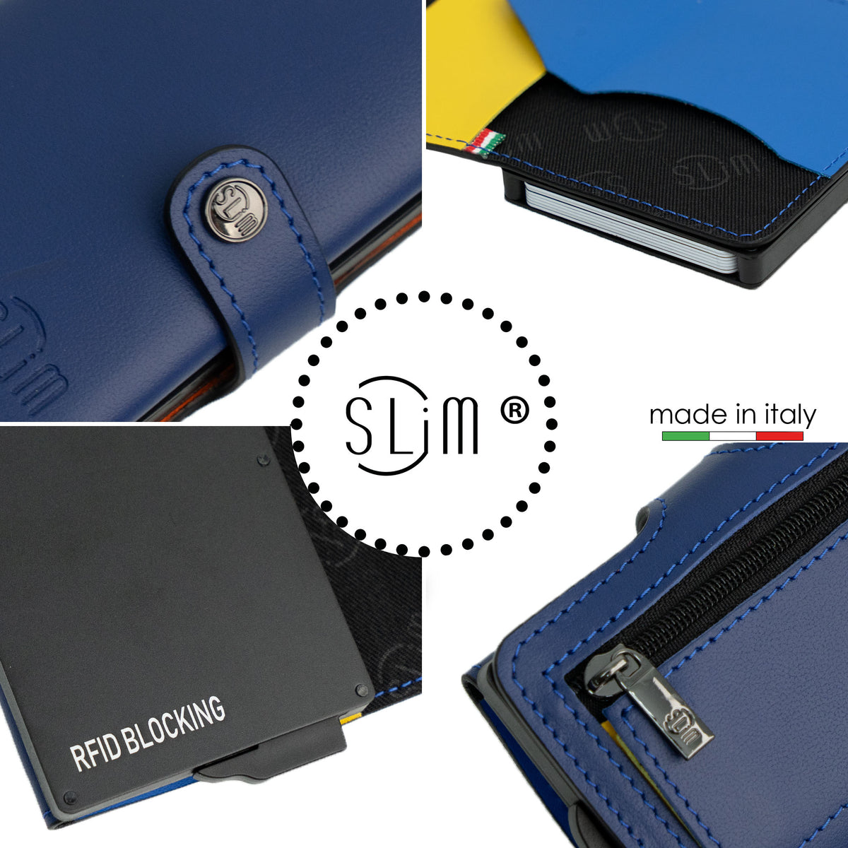 Portacarte Vera Pelle Blu Multicolor con zip porta-monete