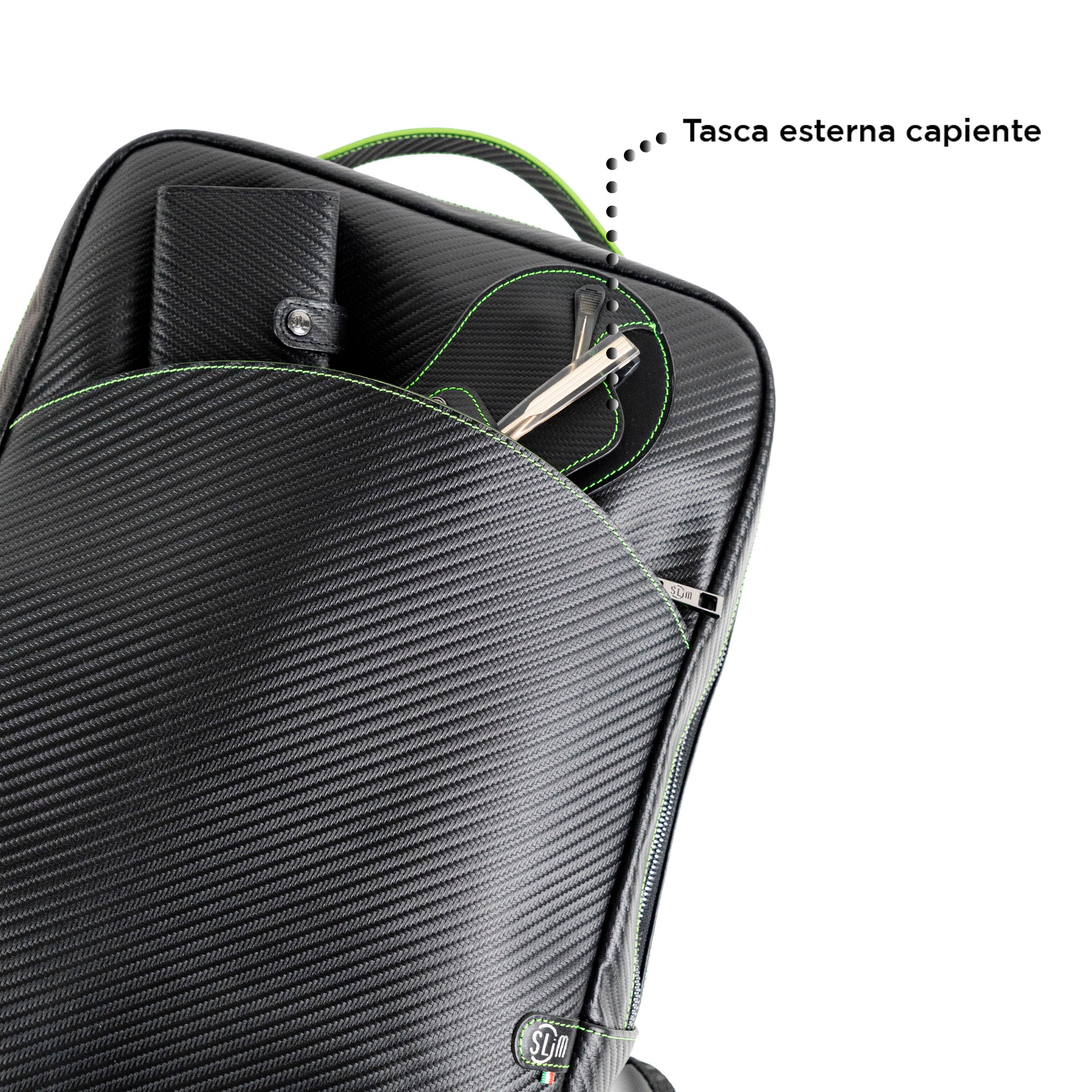 Zaino Grande Vera Pelle Carbon Nero cuciture Verdi