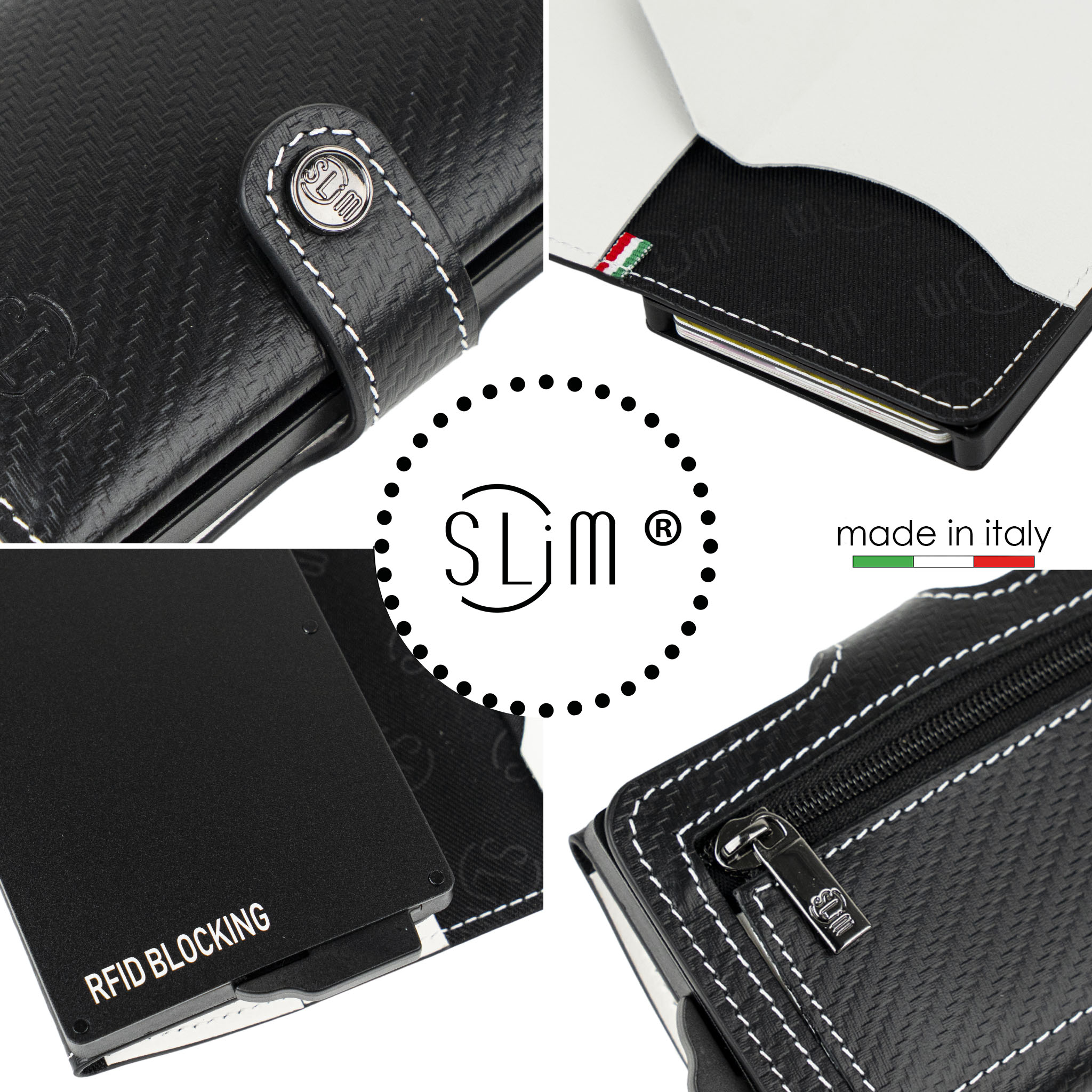 Porta Carte Vera Pelle Carbon Style Nero/Bianco con zip