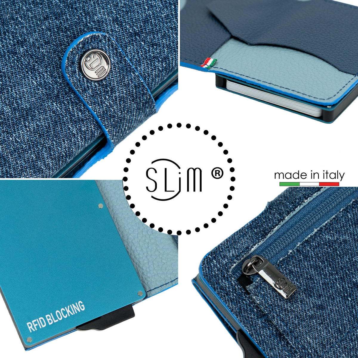 Porta Carte Jeans e Vera Pelle Blu Bottalata con zip porta monete
