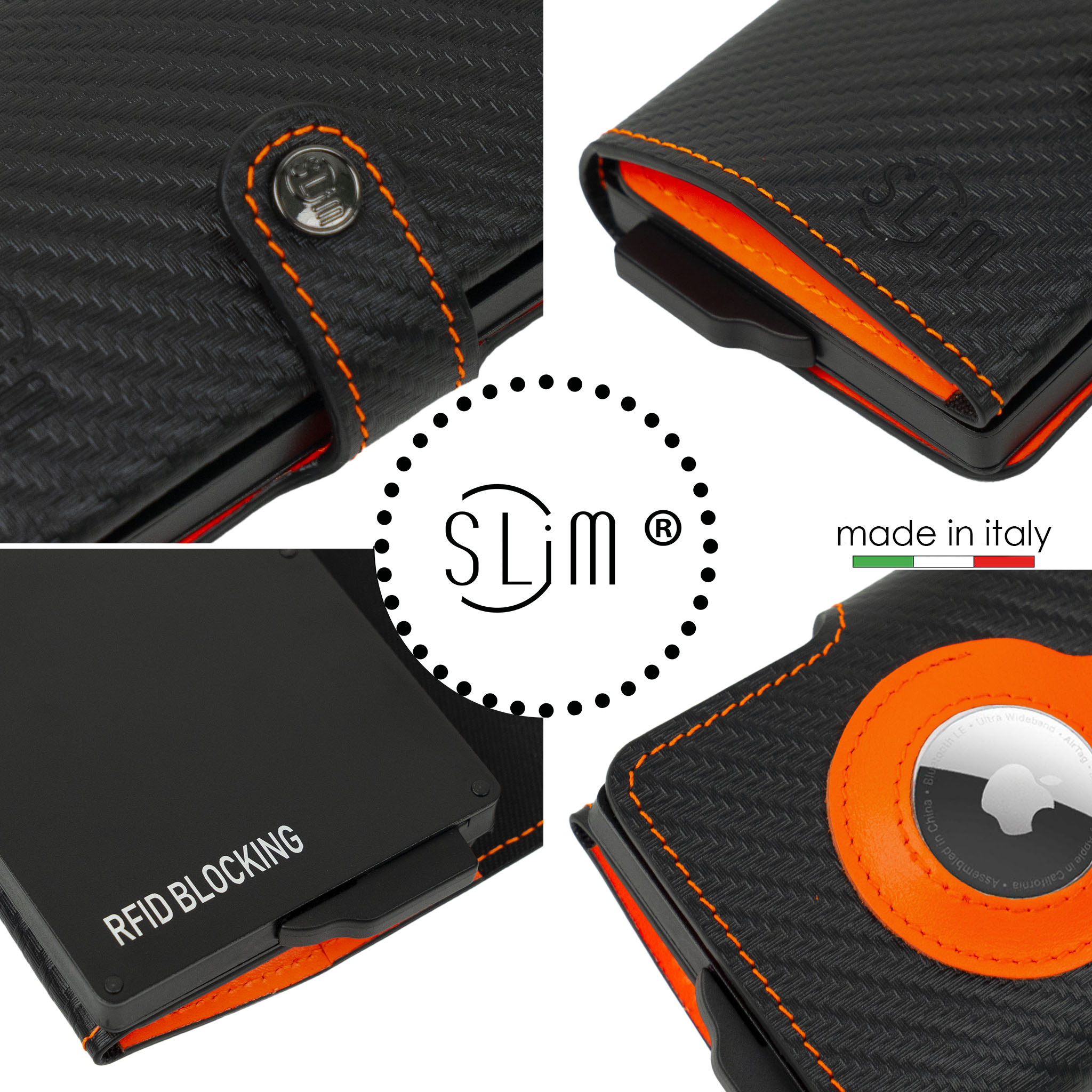 Vera Pelle Carbon Nero/ Arancio Fluo Compatibile Con AirTag*