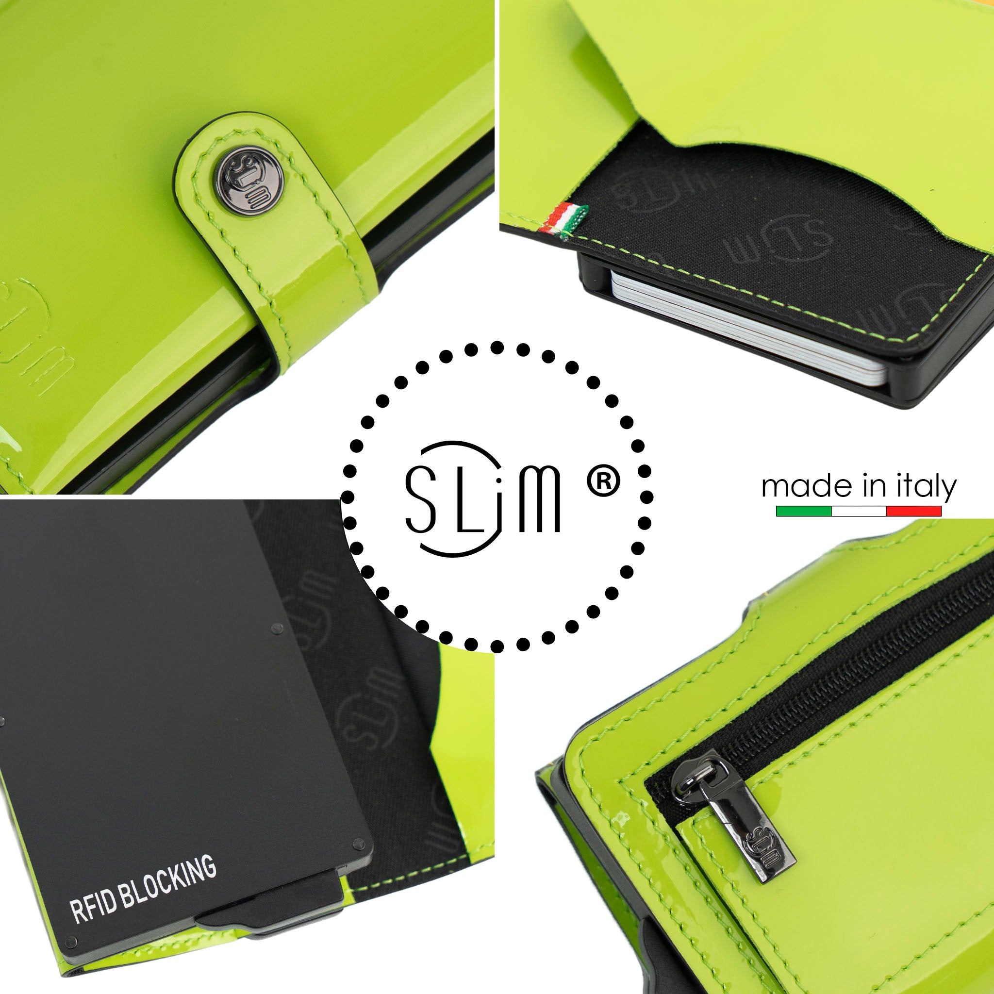 Porta Carte Vera Pelle Specchio Verde Mela con Zip