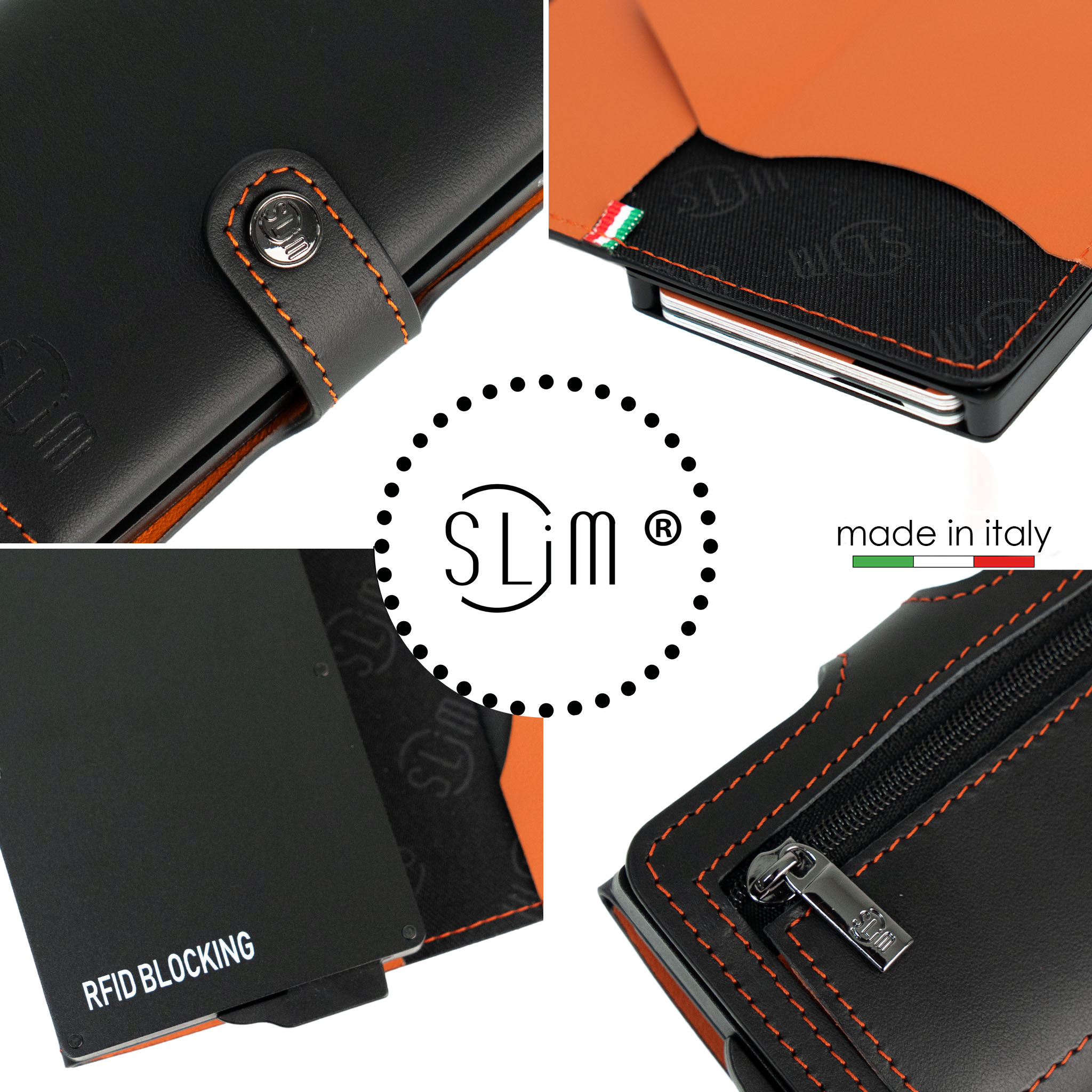 Porta Carte Vera Pelle Nero e Arancio con zip porta monete