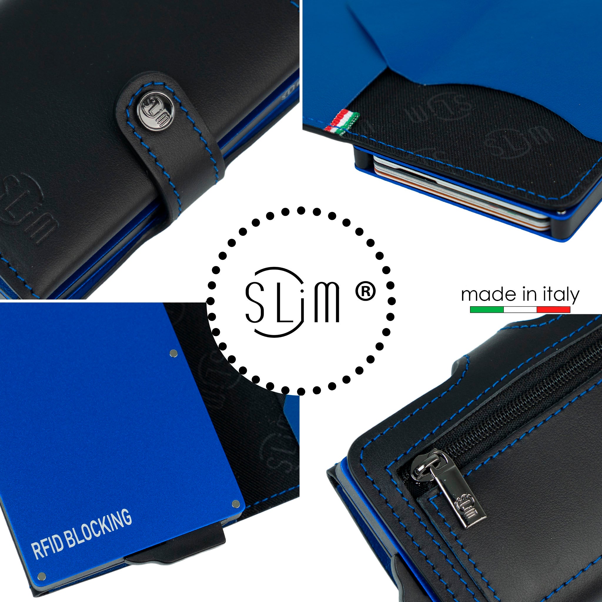 Porta Carte Vera Pelle Nero Blu con zip porta monete