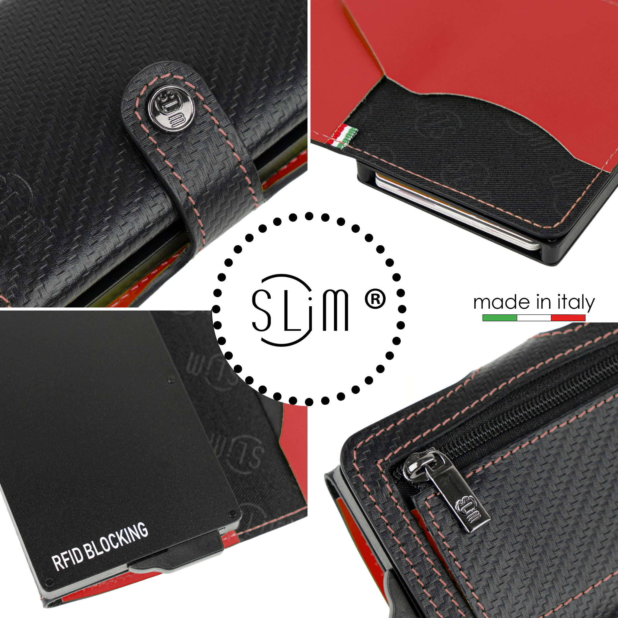 Porta Carte Vera Pelle Carbon Style Nero/Rosso con zip
