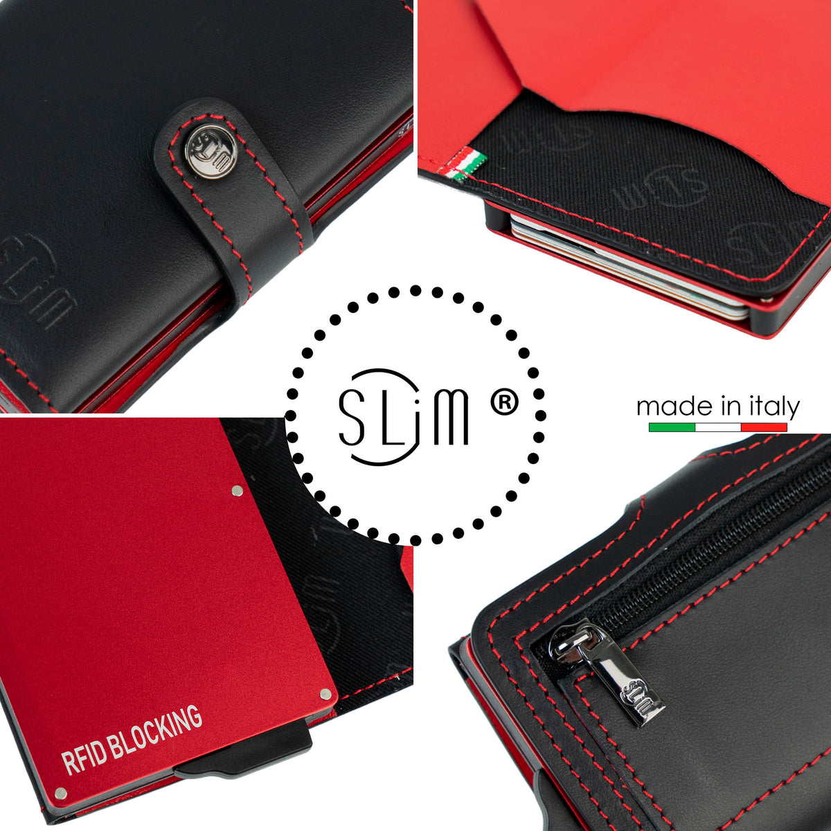 Porta carte Vera Pelle Nero Rosso con zip porta monete