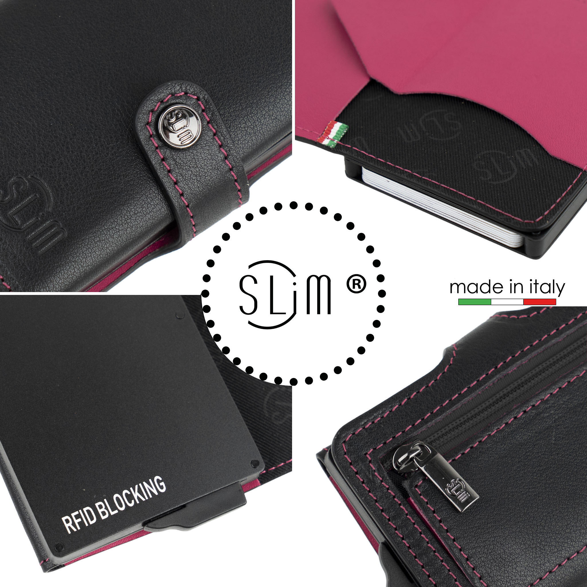 Porta Carte Vera Pelle Nero e Fucsia