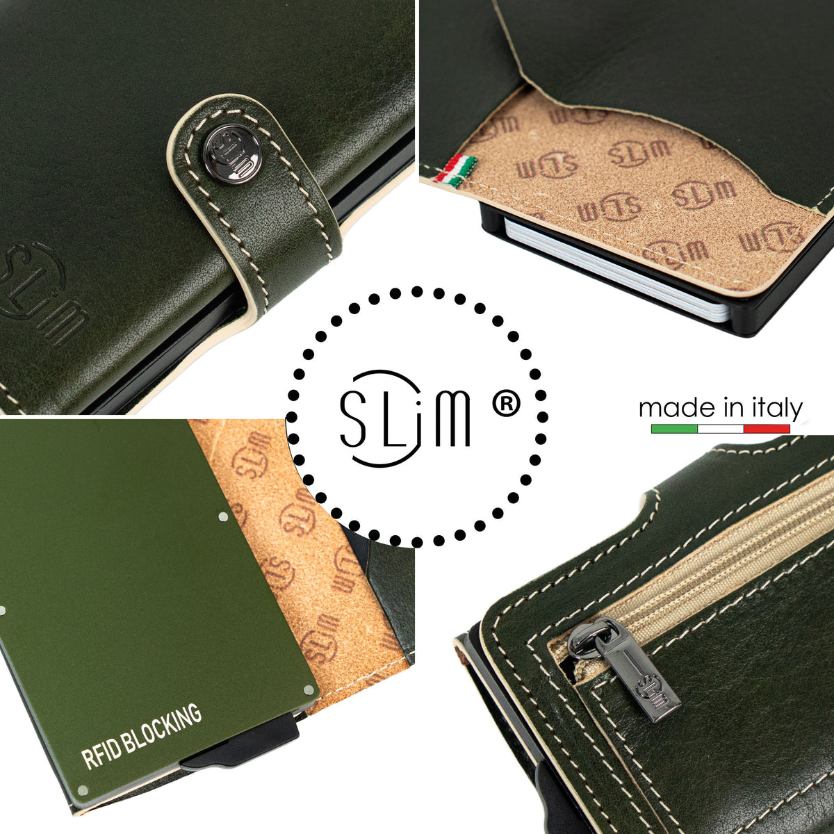 Porta Carte Vera Pelle Concia Al Vegetale Verde Zip