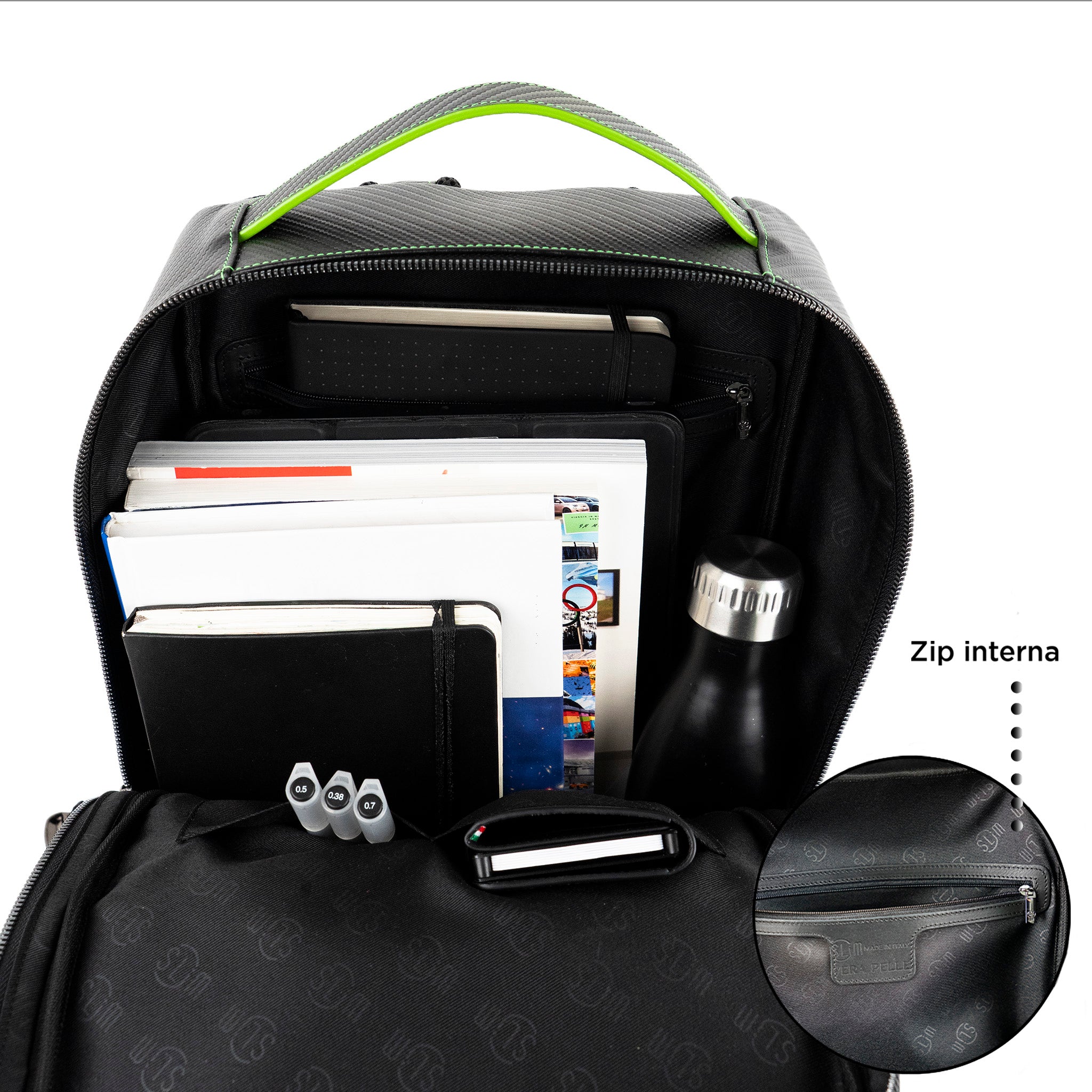 Zaino Medio Vera Pelle Carbon Nero cuciture Verde Fluo