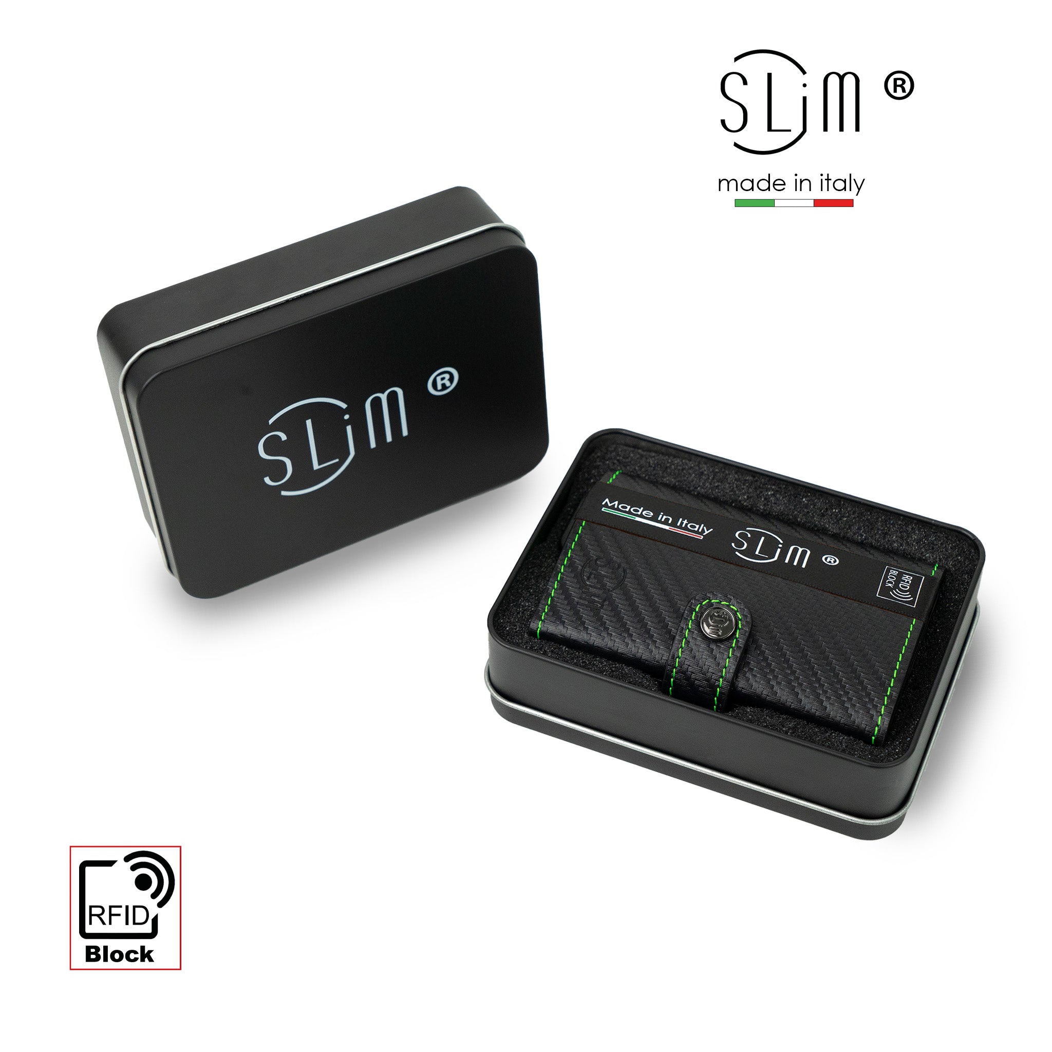 SLim®️ Genuine Leather Carbon Black/Fluorescent Green Compatible With AirTag*