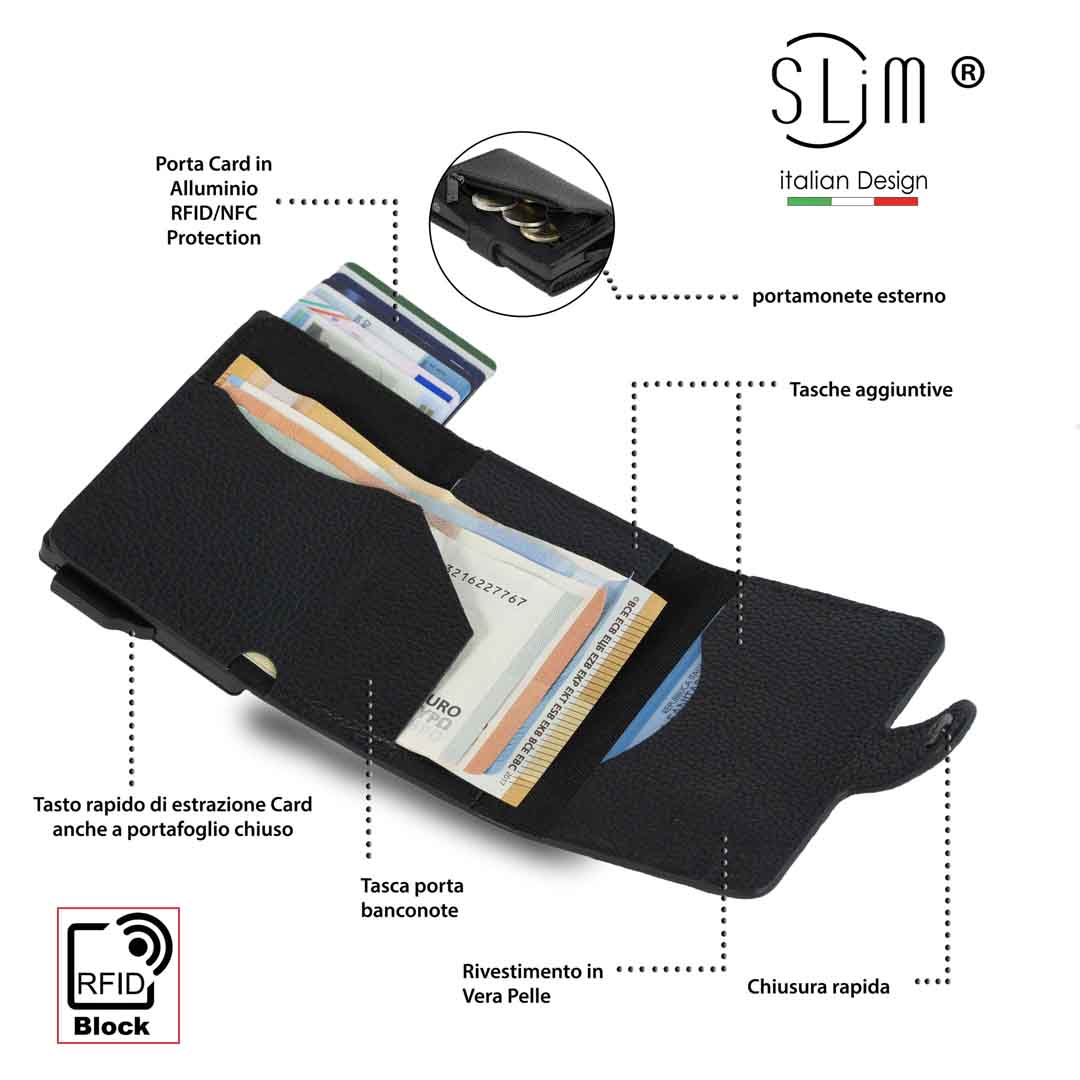 Porta Carte Vera Pelle Bottalato Nero con zip porta monete