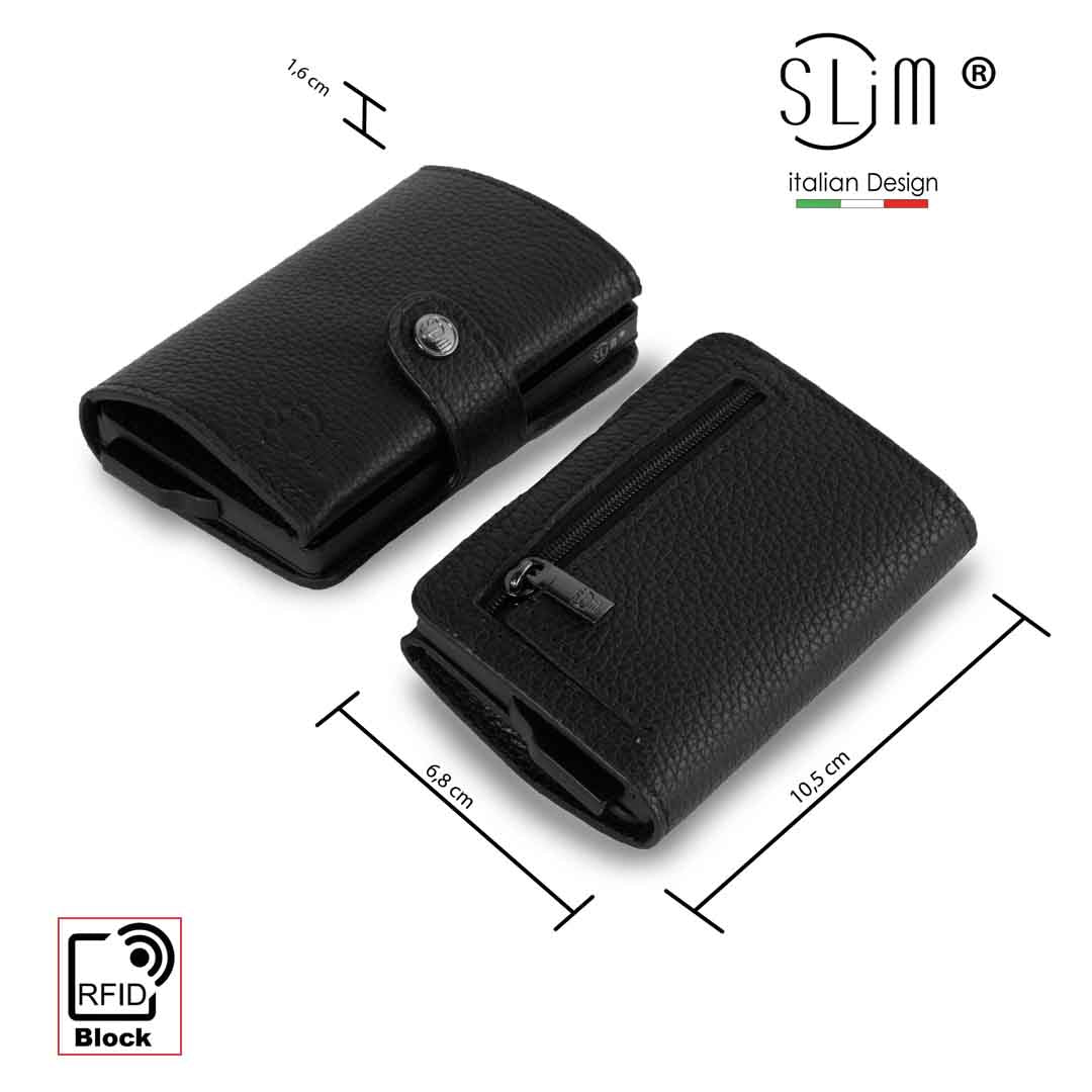 Porta Carte Vera Pelle Bottalato Nero con zip porta monete