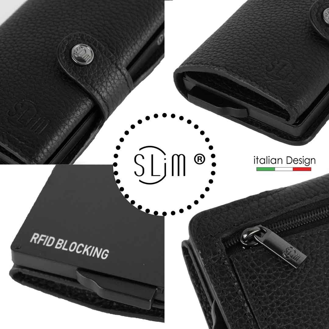 Porta Carte Vera Pelle Bottalato Nero con zip porta monete