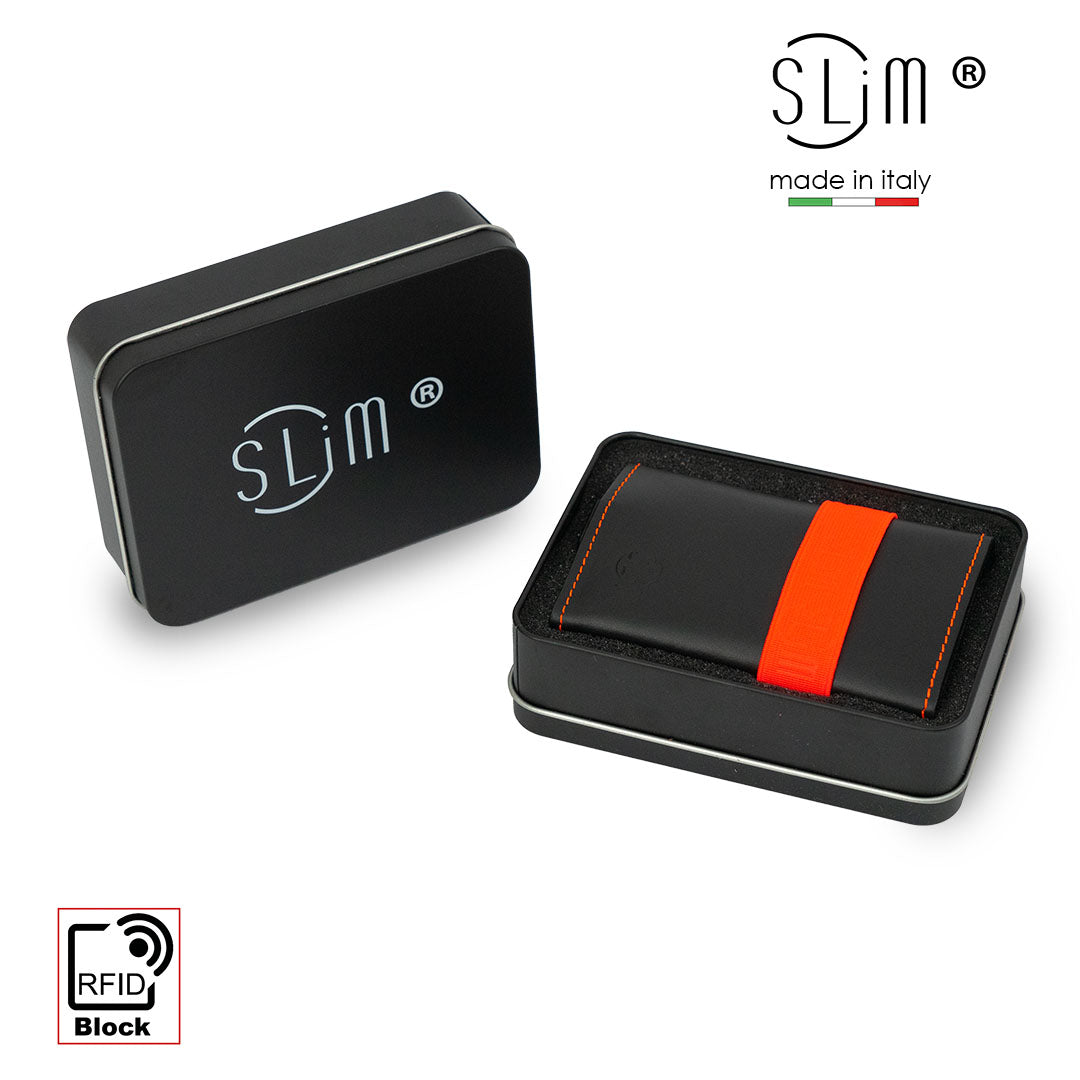 Genuine Black Leather Card Holder with Orange Elastic and Zip Coin Pocket